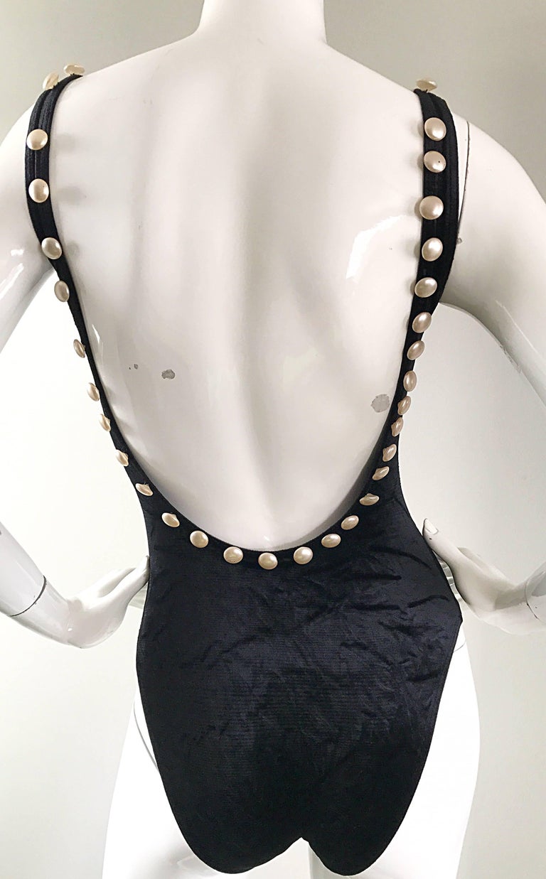 Vintage Moschino 1990s Black and White Velour Pearl Encrusted Bodysuit Swimsuit For Sale 3