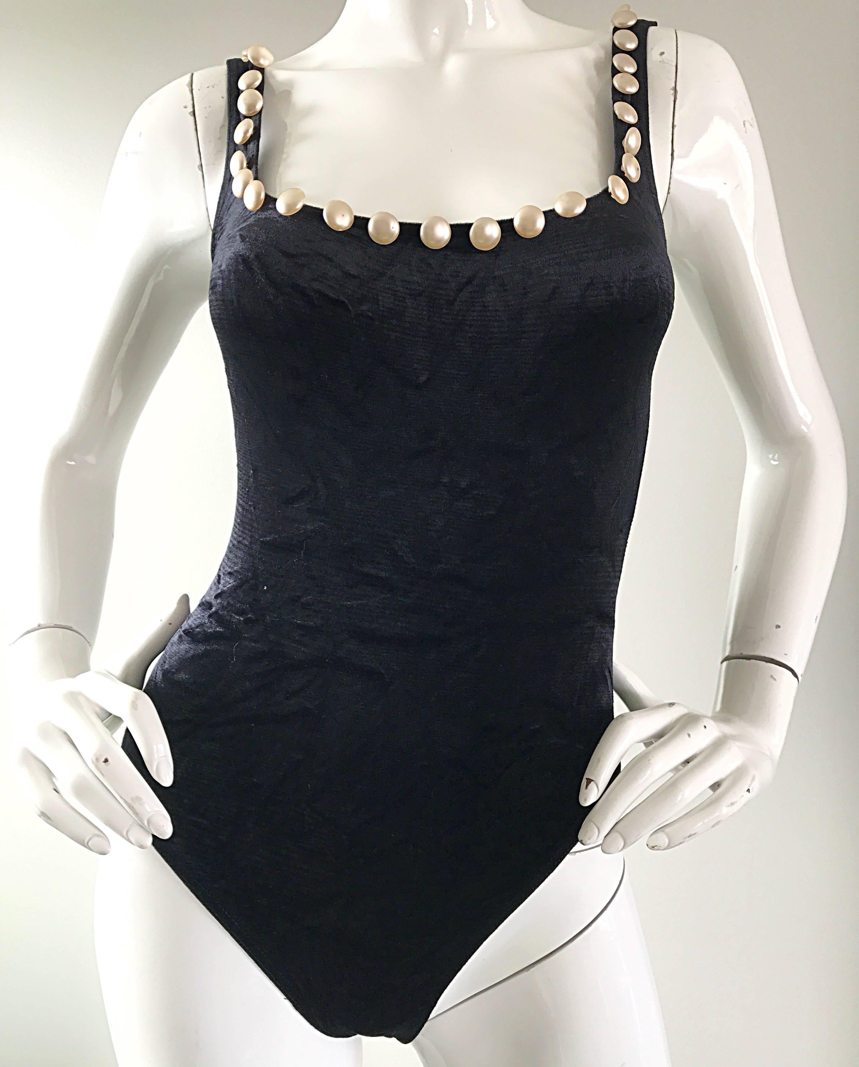 Vintage Moschino 1990s Black and White Velour Pearl Encrusted Bodysuit Swimsuit For Sale 2