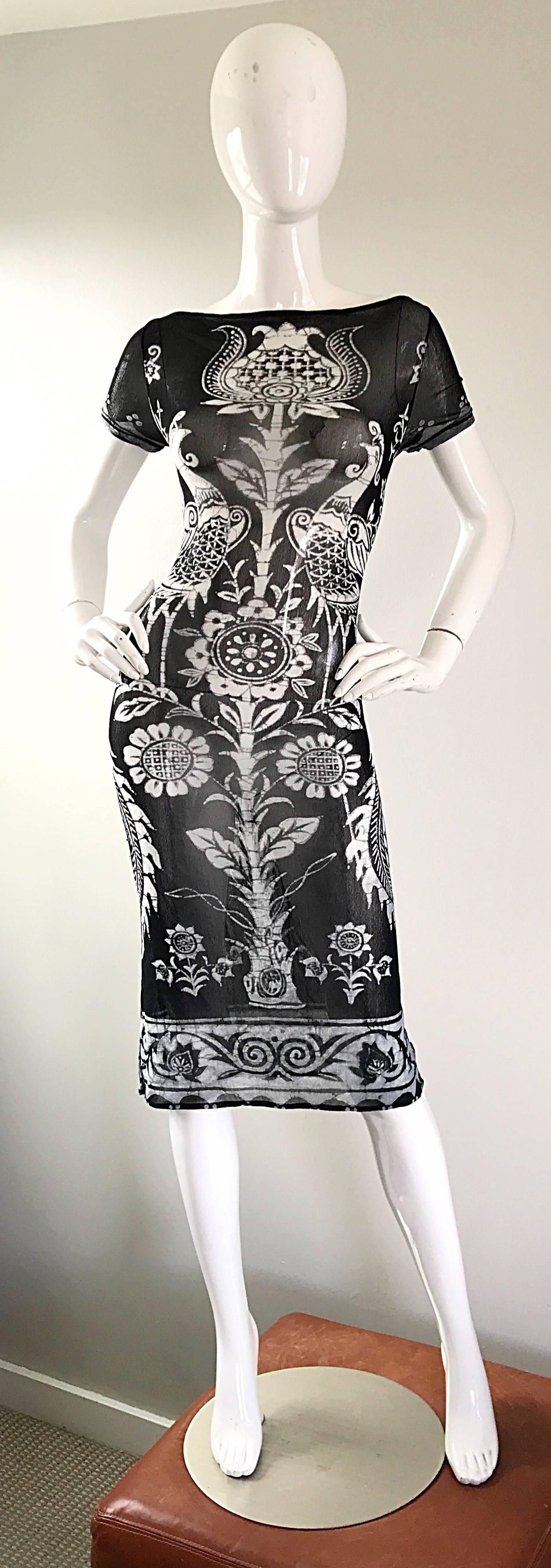 Rare 1990s VIVIENNE TAM black and white semi sheer Asian themed print dress! Features a body hugging net fabric that stretches to fit. Symmetrically printed birds and sunflowers throughout. Simply slips over the head. Great alone, or with a slip
