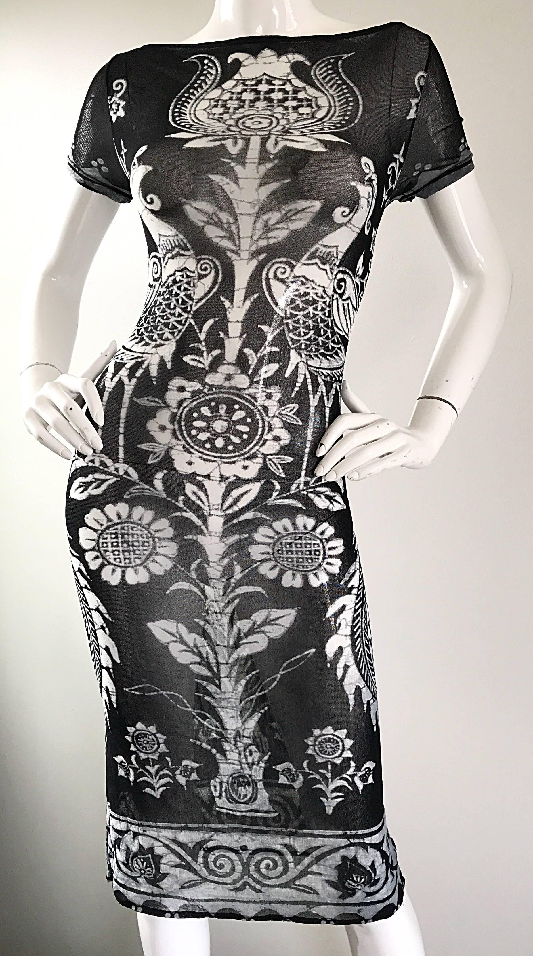 Rare Vivienne Tam 1990s Black and White Sheer Asian Themed 90s Vintage Dress In Excellent Condition In San Diego, CA