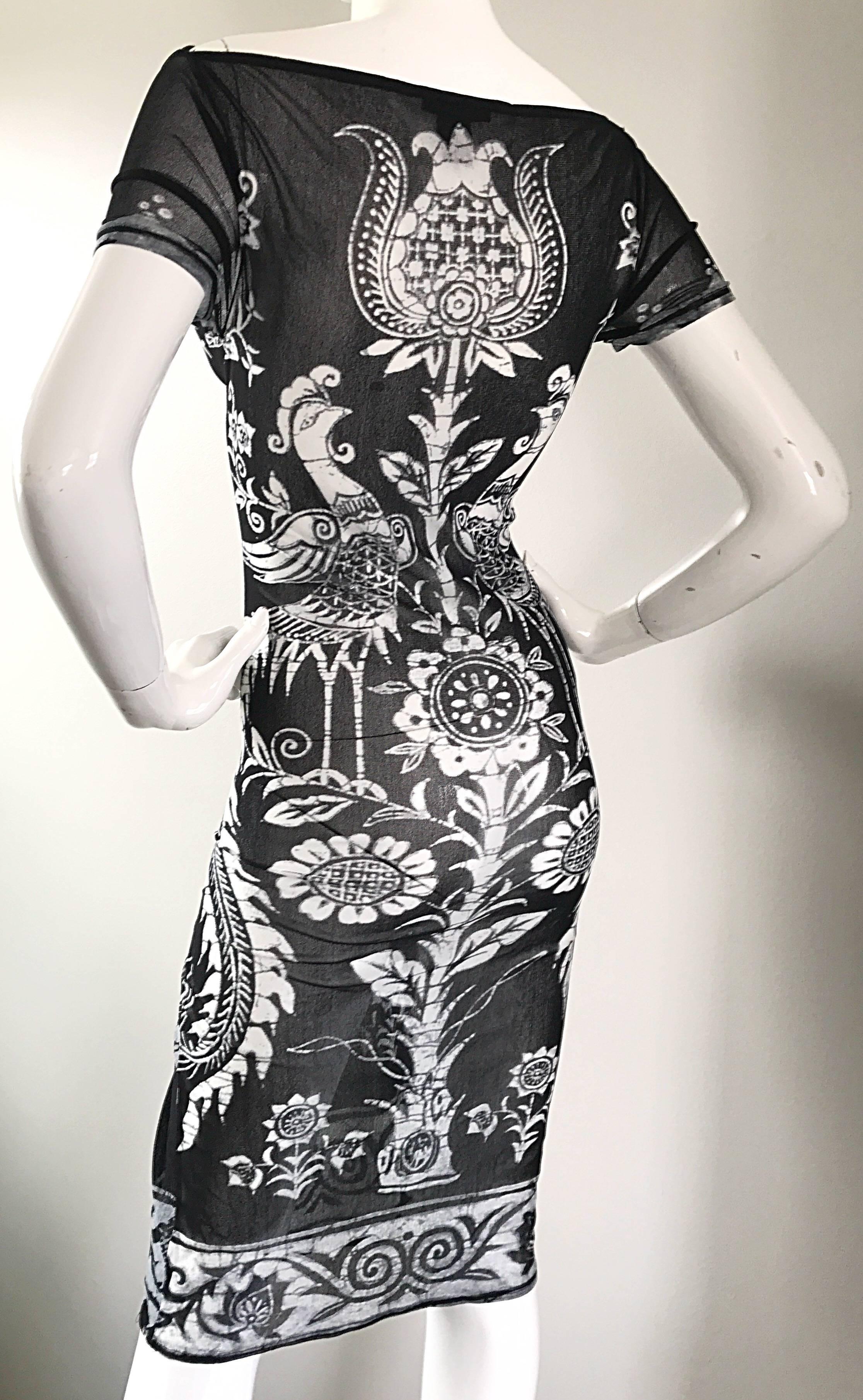 Women's Rare Vivienne Tam 1990s Black and White Sheer Asian Themed 90s Vintage Dress