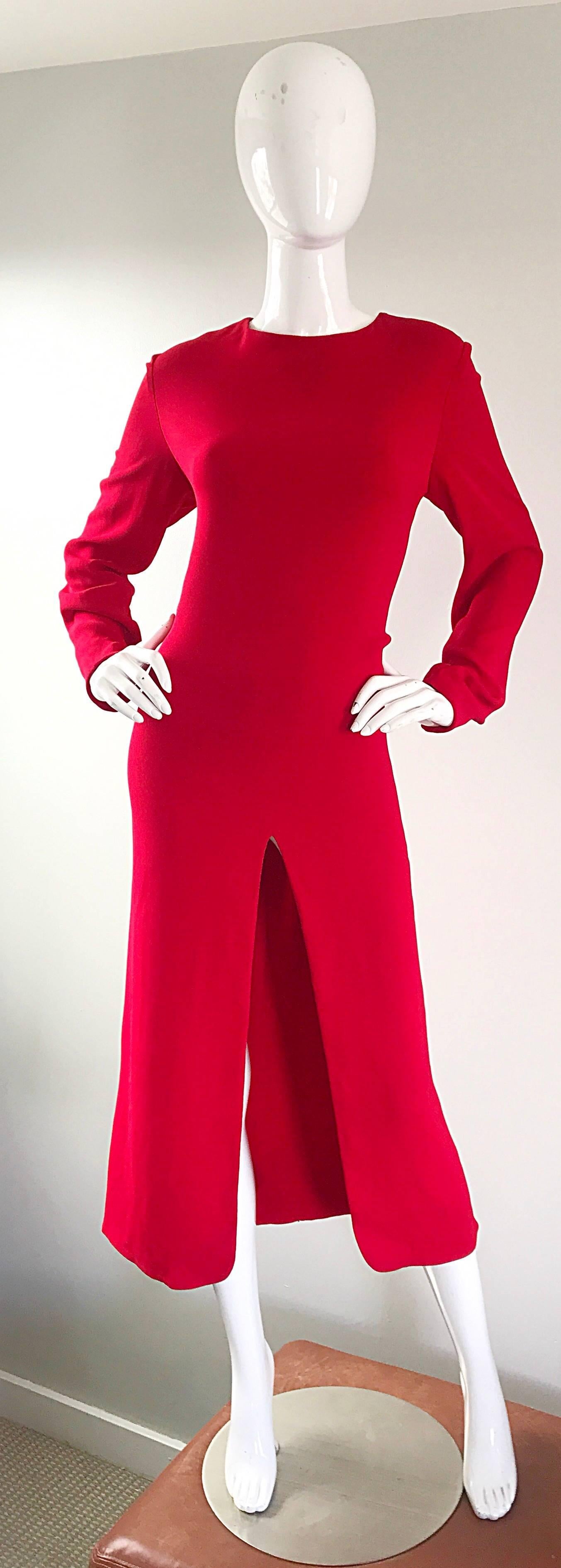 Gorgeous vintage 90s BADGLEY MISCHKA lipstick red long sleeve jersey evening midi dress! Wonderful flattering fit, with a slightly daring slit up the front center. Comfortable rayon jersey blend stretches to fit. Hidden zipper up th eback with