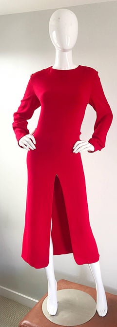 1990s Badgley Mischka Size 10 / 12 Lipstick Red Long Sleeve Evening Midi Dress