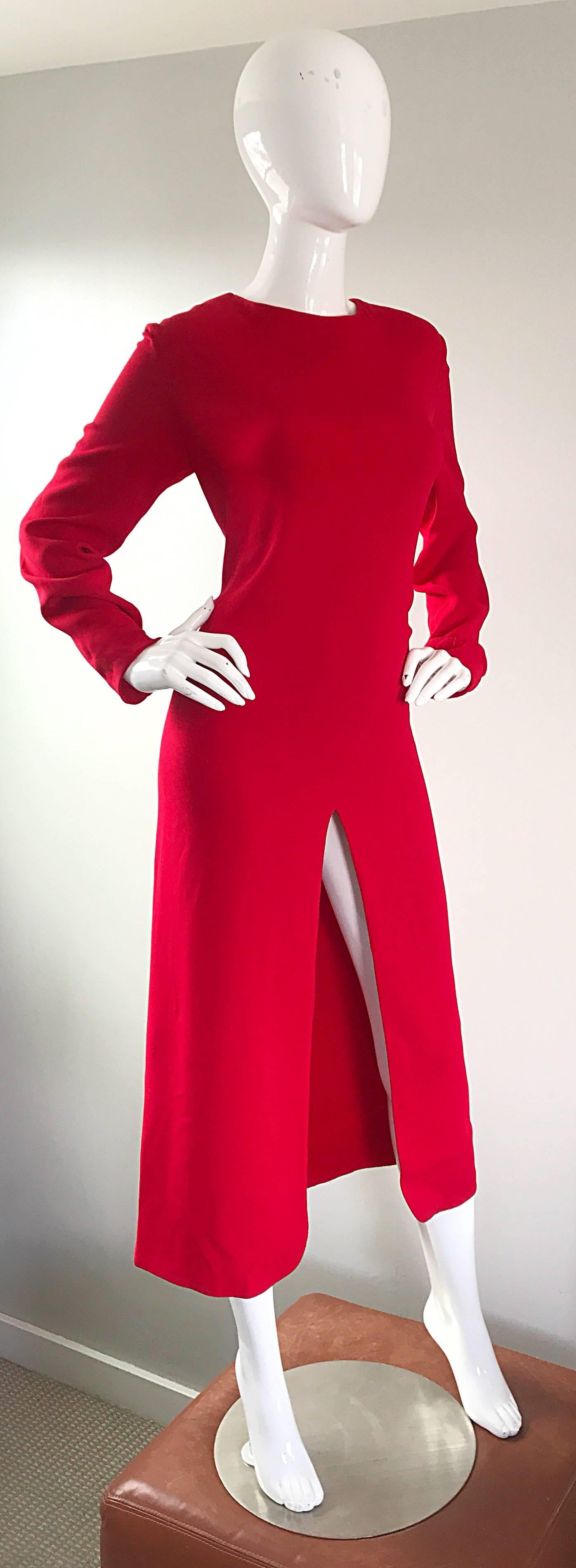 Women's 1990s Badgley Mischka Size 10 / 12 Lipstick Red Long Sleeve Evening Midi Dress For Sale