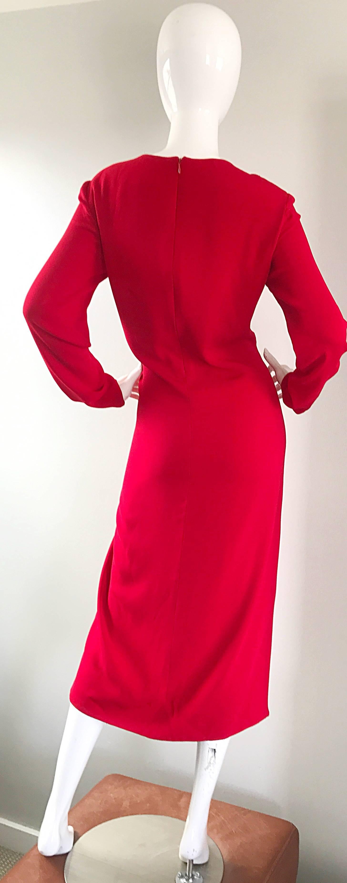 1990s Badgley Mischka Size 10 / 12 Lipstick Red Long Sleeve Evening Midi Dress For Sale 1