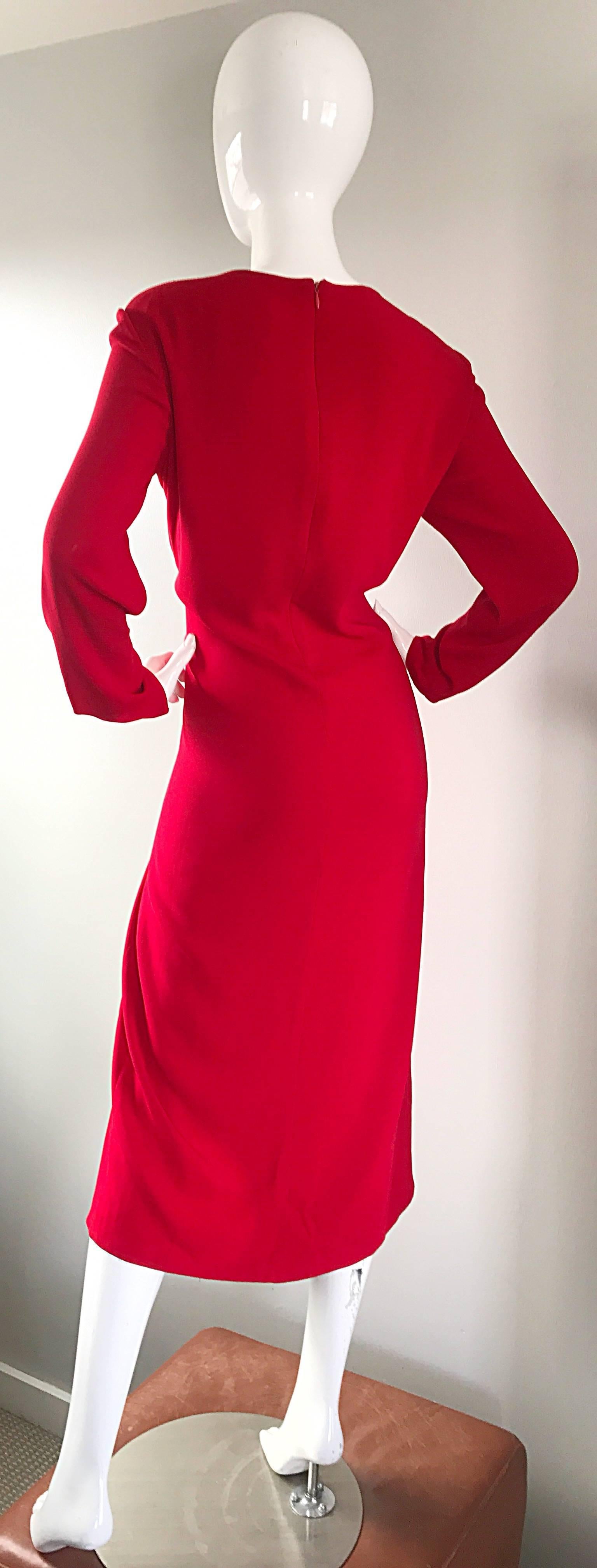 1990s Badgley Mischka Size 10 / 12 Lipstick Red Long Sleeve Evening Midi Dress For Sale 2