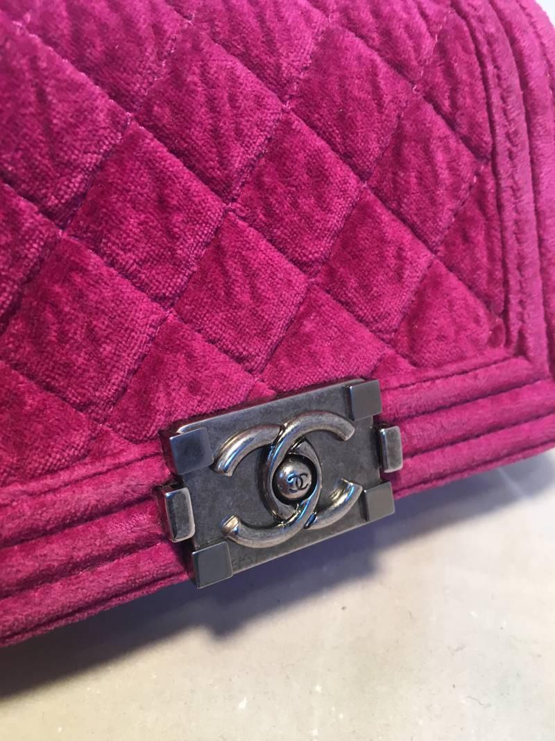 Chanel Magenta Velvet Extra Mini Classic Le Boy Flap Bag In Excellent Condition In Philadelphia, PA