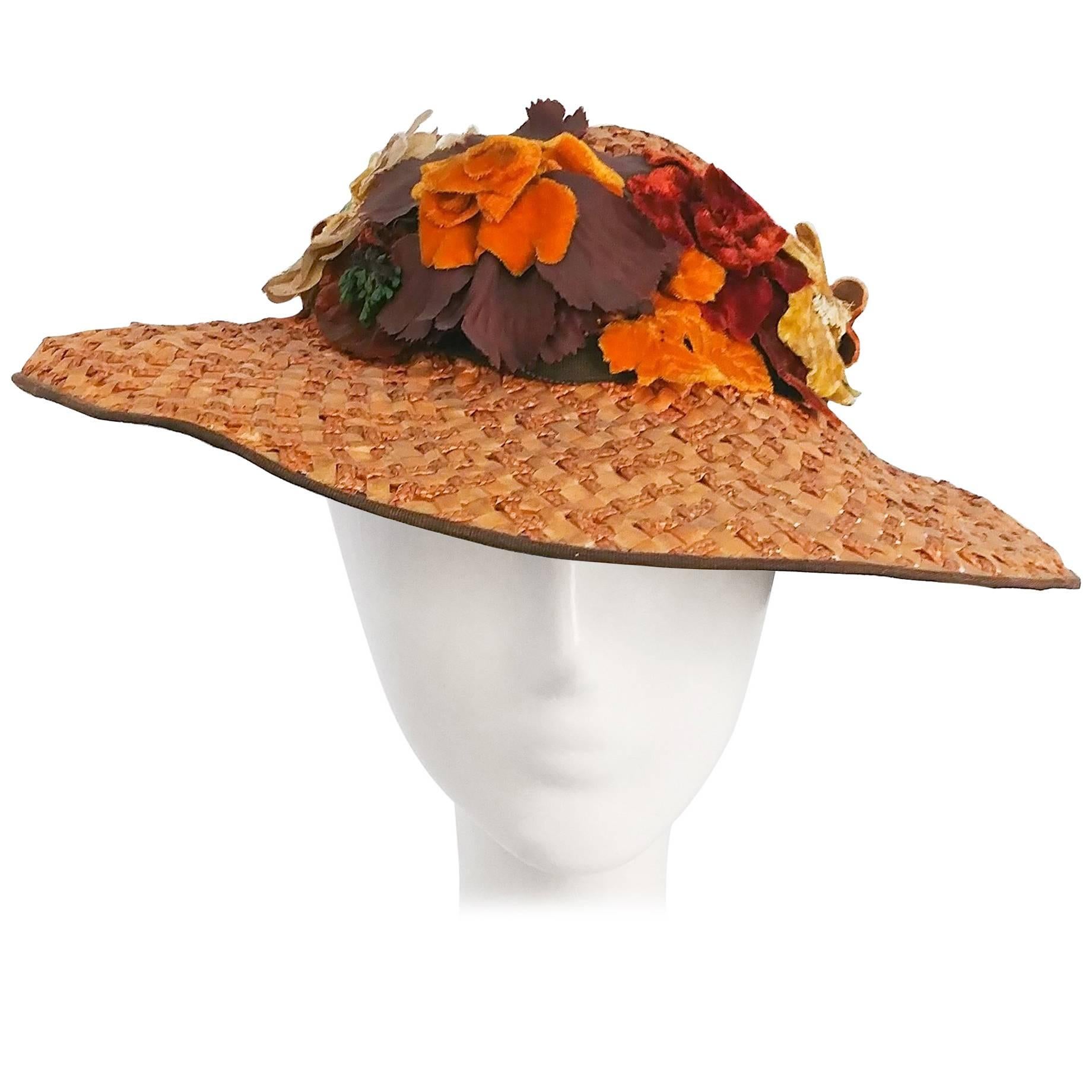 1930s Wide Brimmed Hat w/ Velvet Flowers