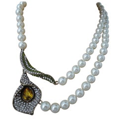 Vintage Rare Oscar De La Renta Signed Runway Jeweled Flower Calla Lily Pearl Necklace