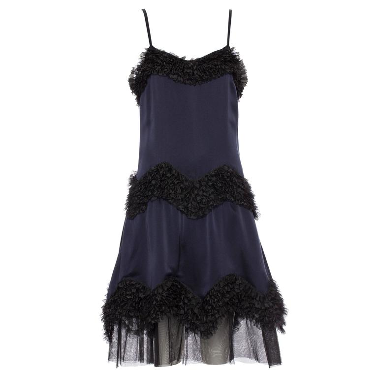 Chanel Midnight Blue Silk Satin and Black Chiffon Evening Dress, Pre ...