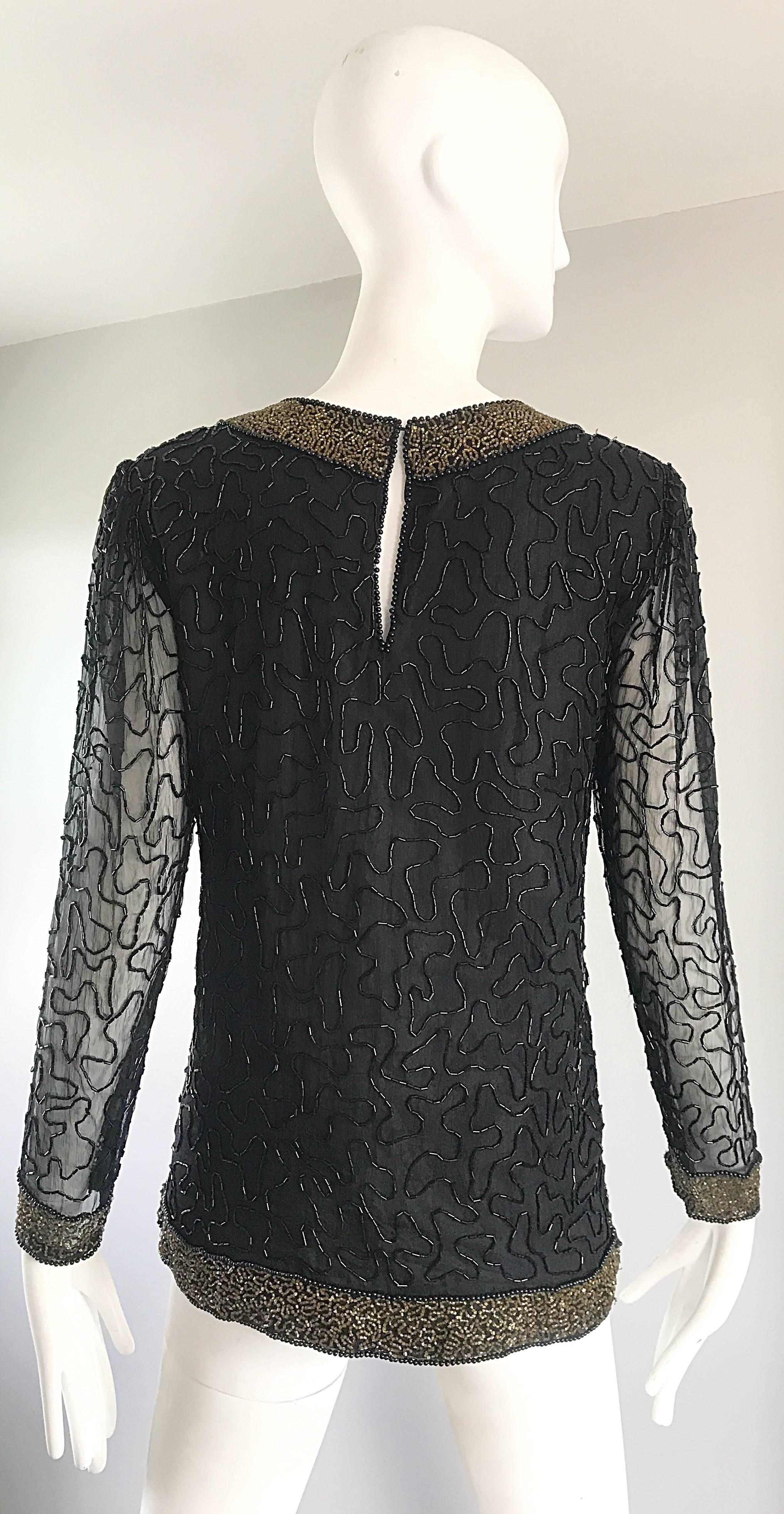 Stunning Swee Lo 1980s Black + Gold Silk Chiffon Beaded Vintage 80s Blouse Top In Excellent Condition For Sale In San Diego, CA