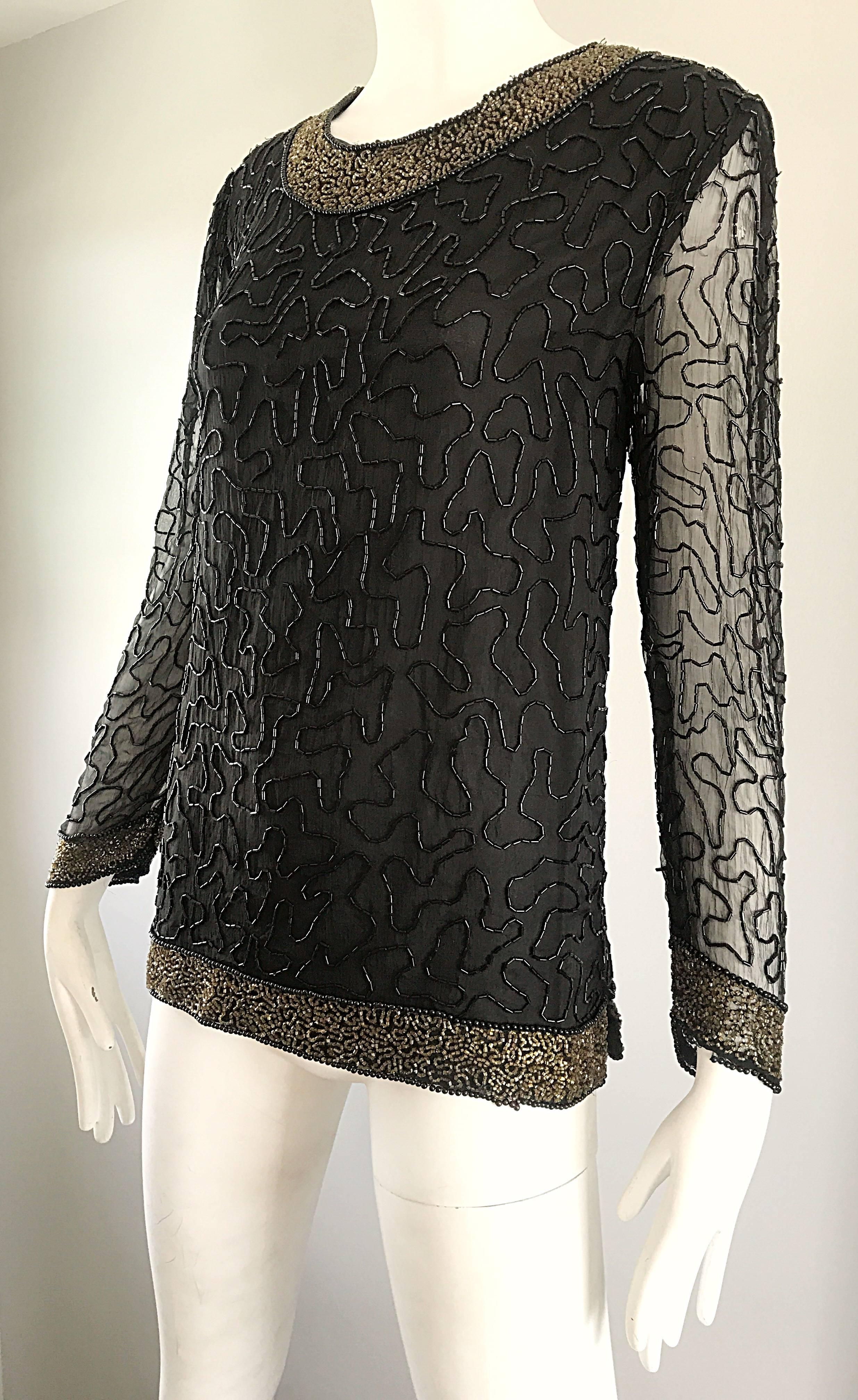 Stunning Swee Lo 1980s Black + Gold Silk Chiffon Beaded Vintage 80s Blouse Top For Sale 1