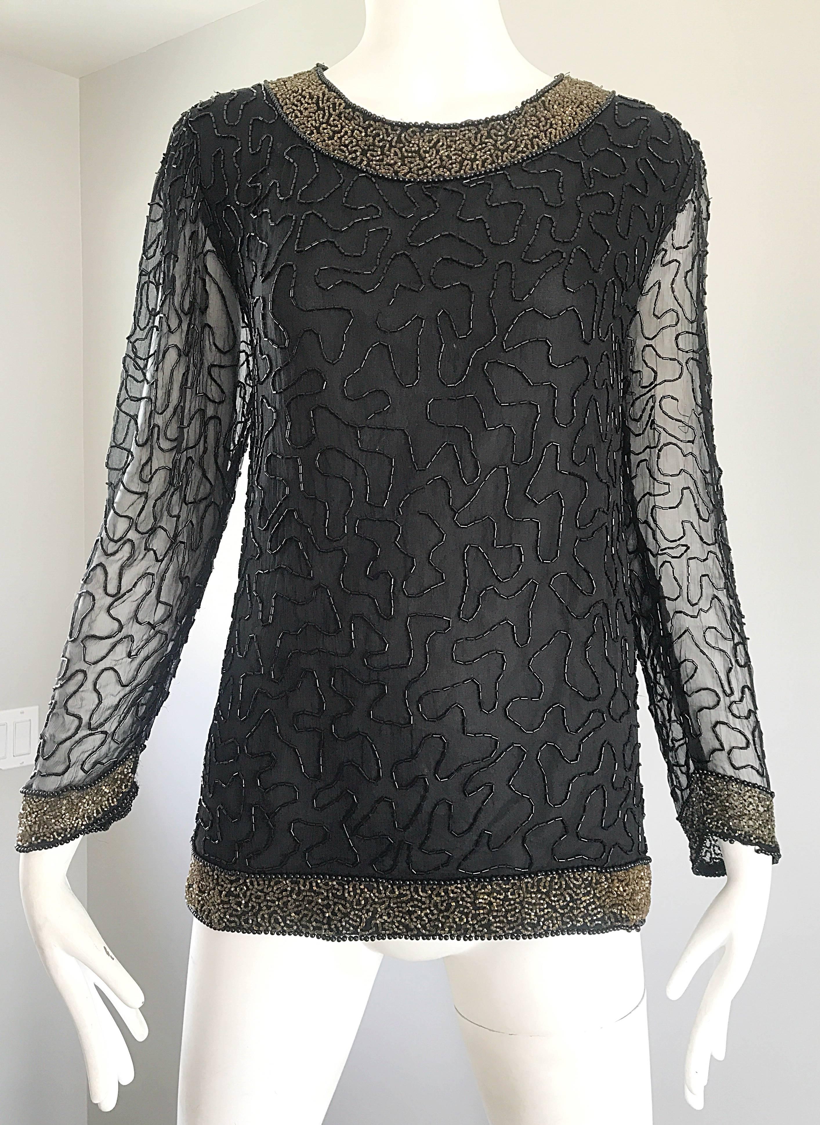 Stunning Swee Lo 1980s Black + Gold Silk Chiffon Beaded Vintage 80s Blouse Top For Sale 2