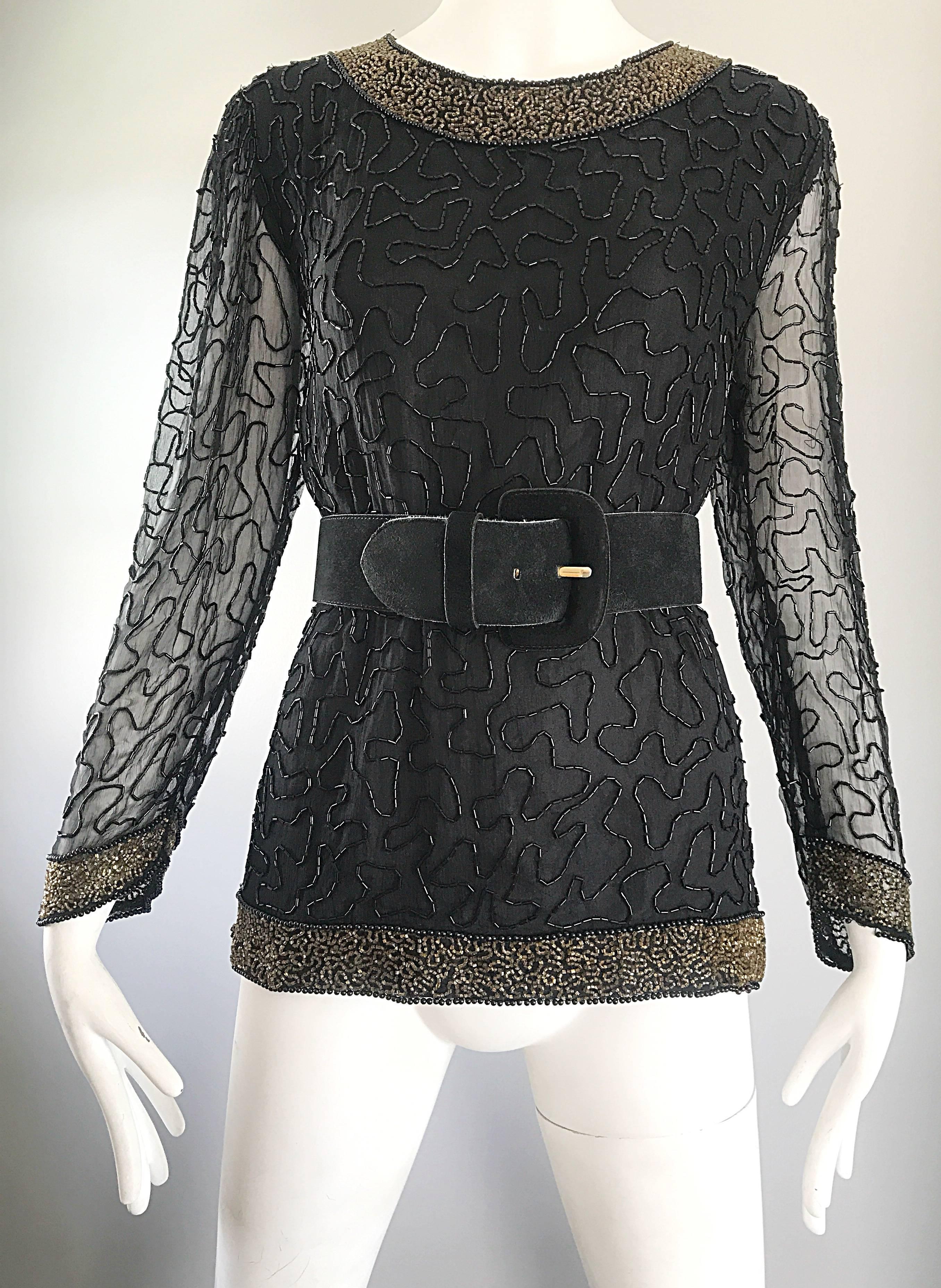 Stunning Swee Lo 1980s Black + Gold Silk Chiffon Beaded Vintage 80s Blouse Top For Sale 3