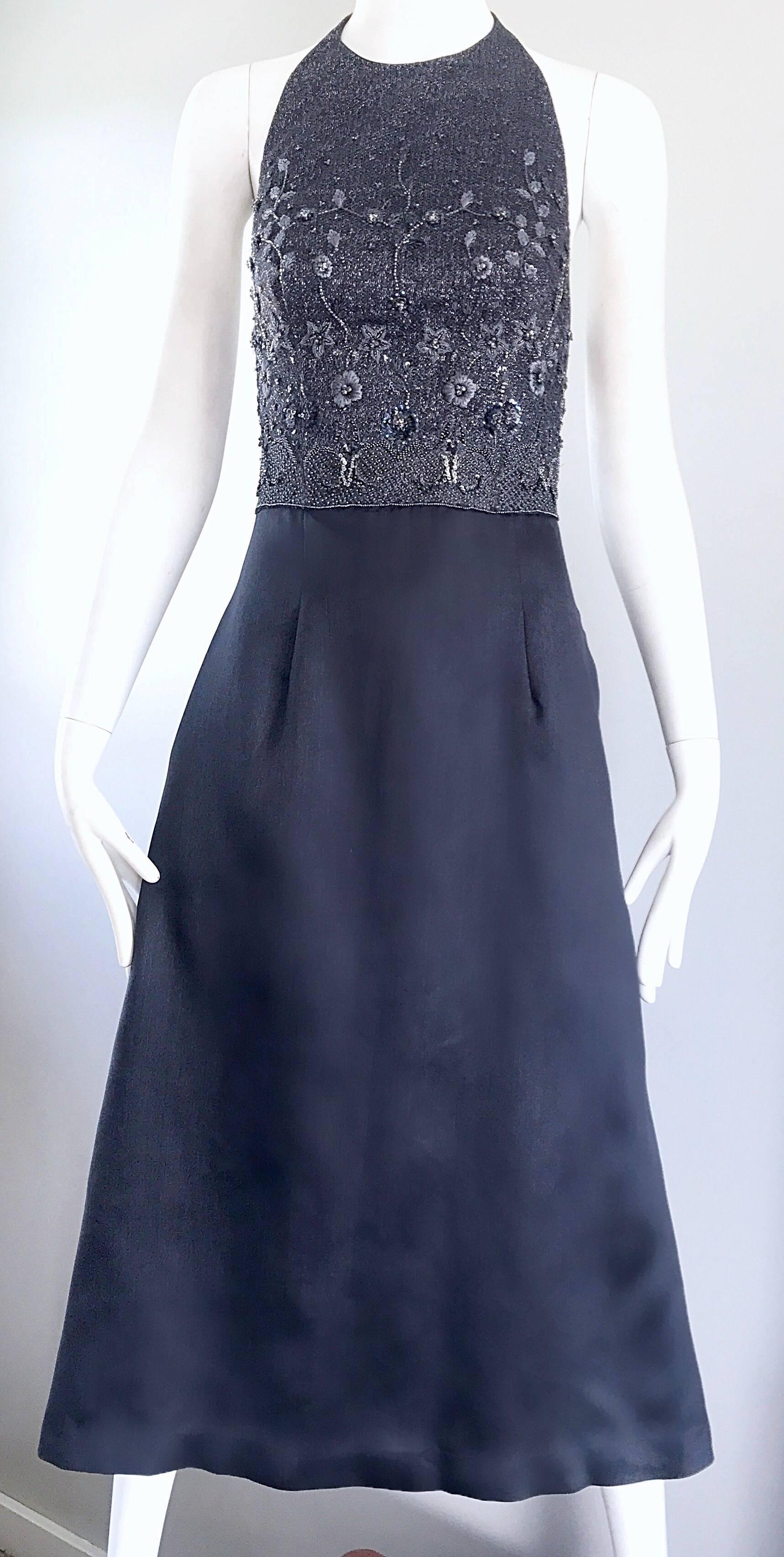 Black Vintage Pamela Dennis Couture Charcoal Grey Beaded 90s Midi Halter A Line Dress For Sale
