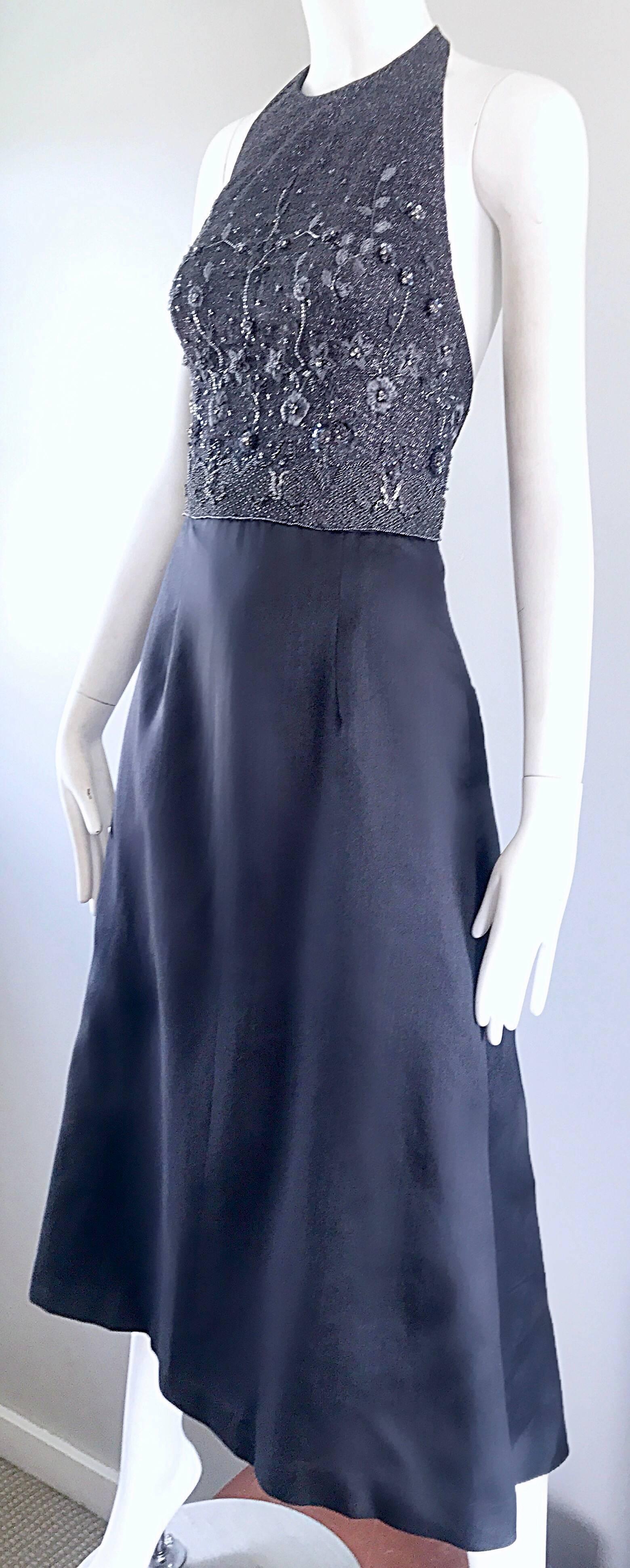 Vintage Pamela Dennis Couture Charcoal Grey Beaded 90s Midi Halter A Line Dress In Excellent Condition For Sale In San Diego, CA