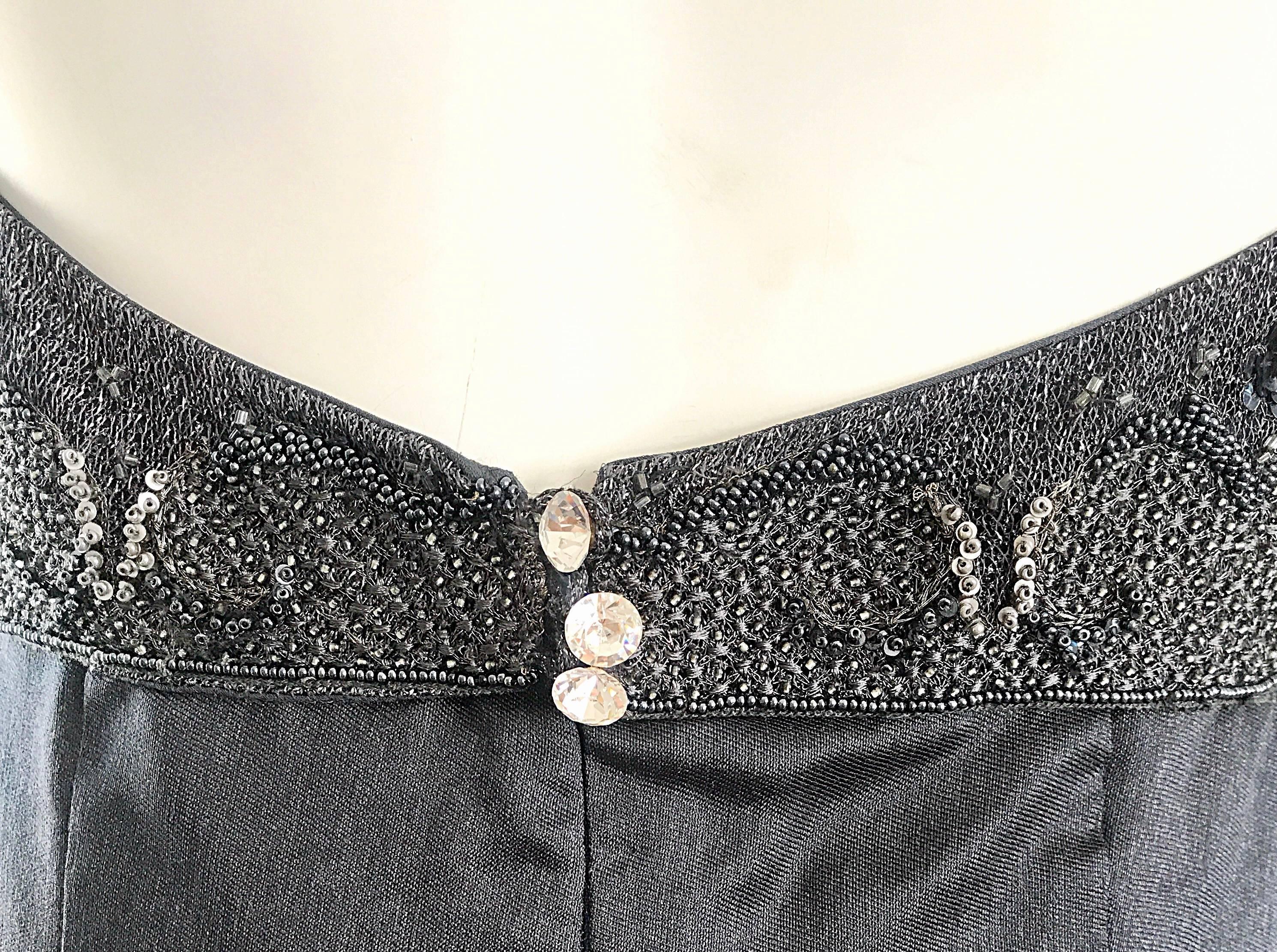 Women's Vintage Pamela Dennis Couture Charcoal Grey Beaded 90s Midi Halter A Line Dress For Sale