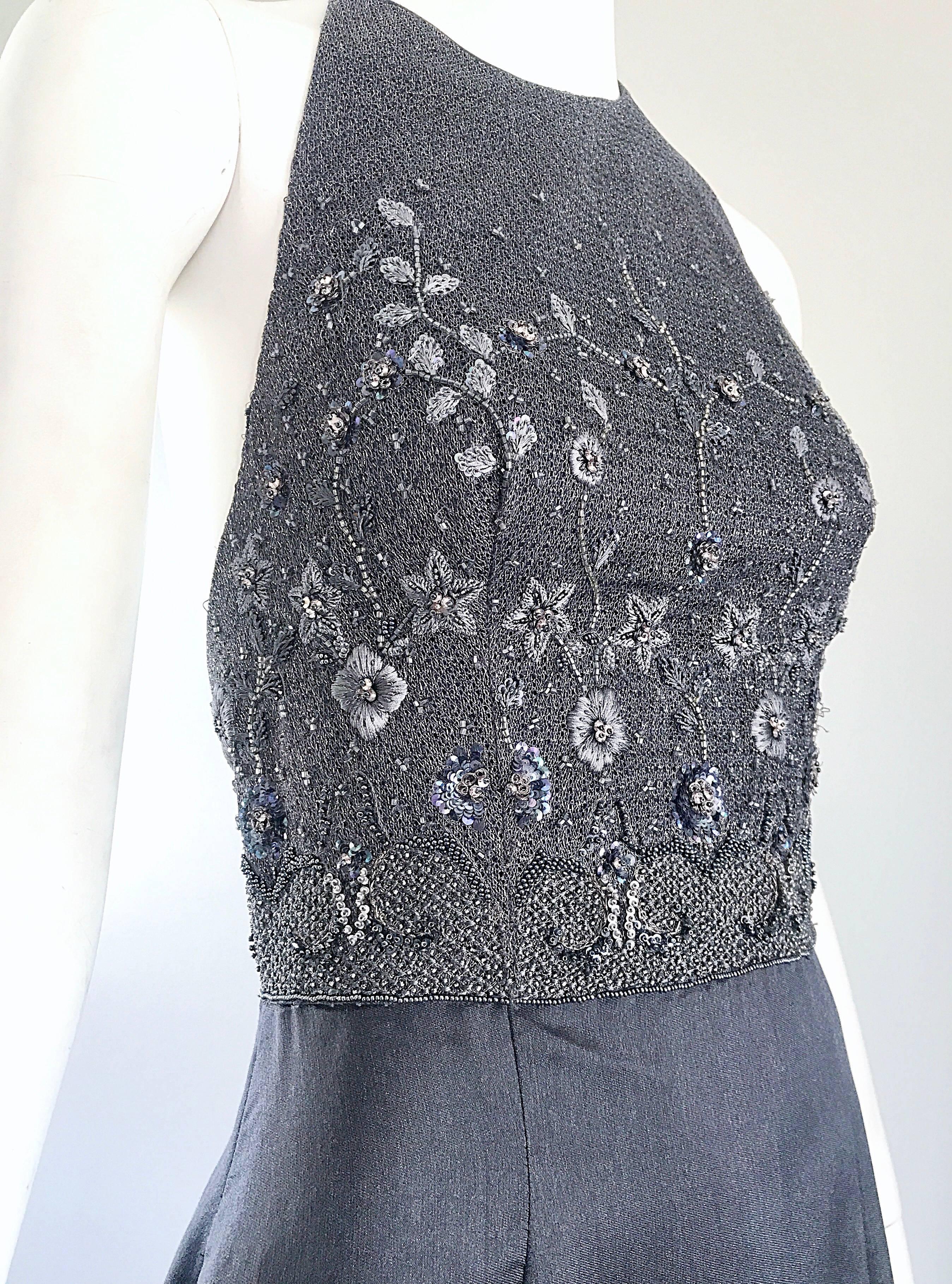 Vintage Pamela Dennis Couture Charcoal Grey Beaded 90s Midi Halter A Line Dress For Sale 1