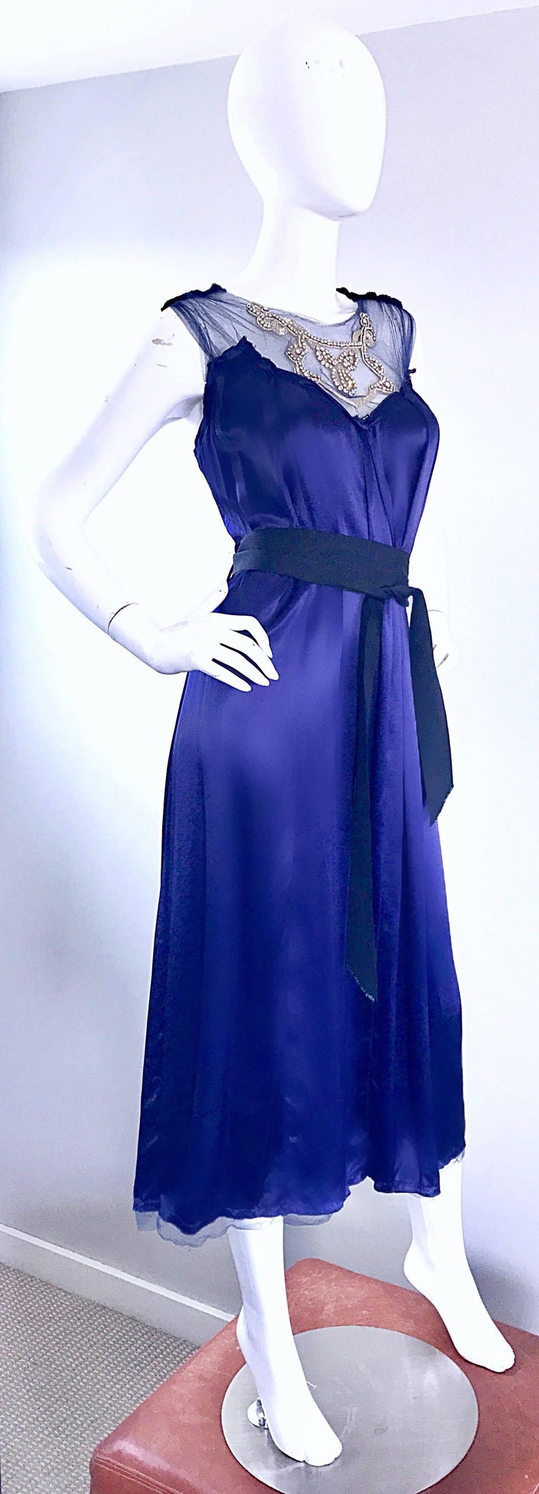 Trelise Cooper 1990s Navy Blue Liquid Silk Rhinestone Vintage 90s Midi