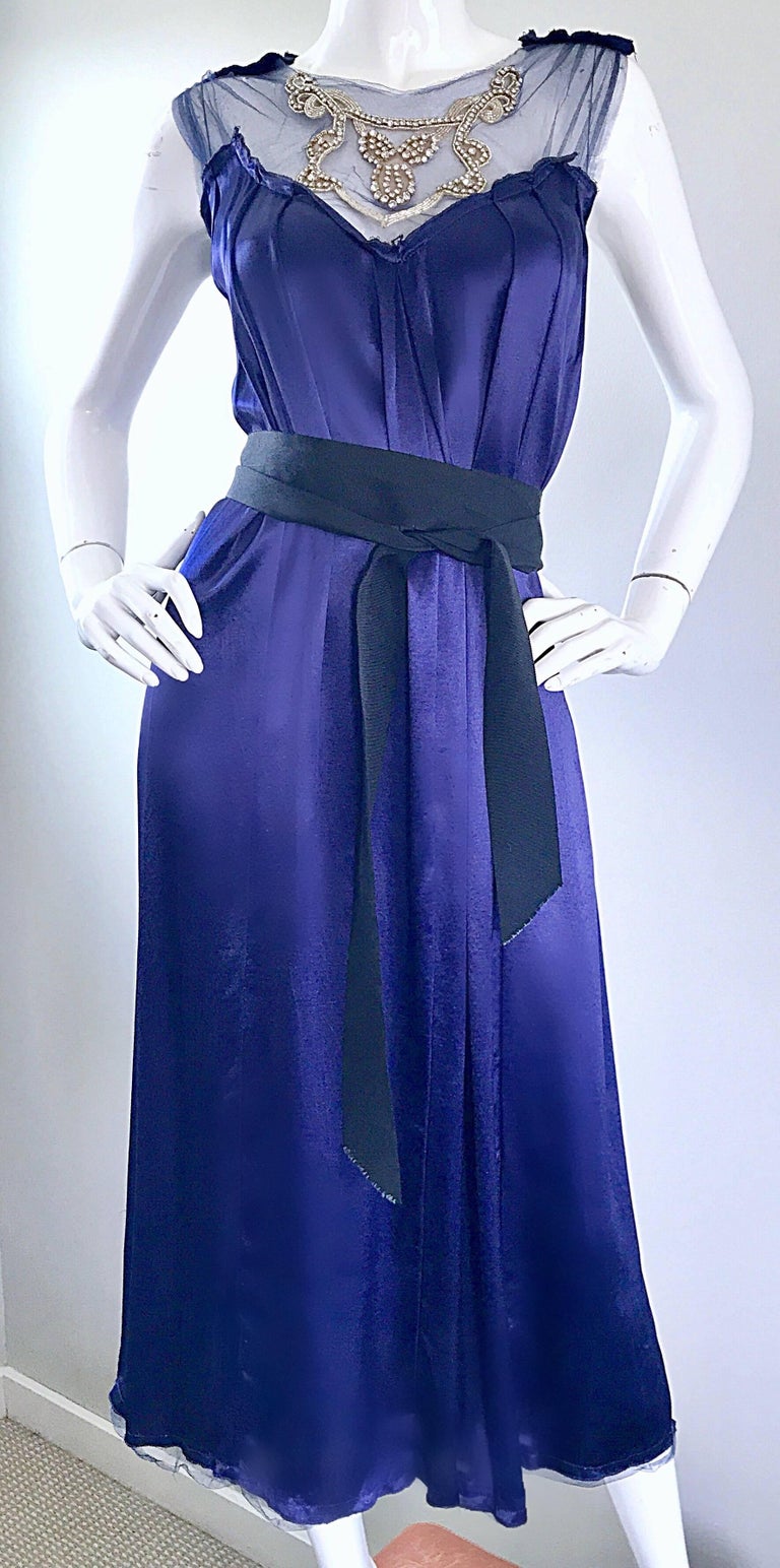 Trelise Cooper 1990s Navy Blue Liquid Silk Rhinestone Vintage 90s Midi Dress For Sale at 1stDibs