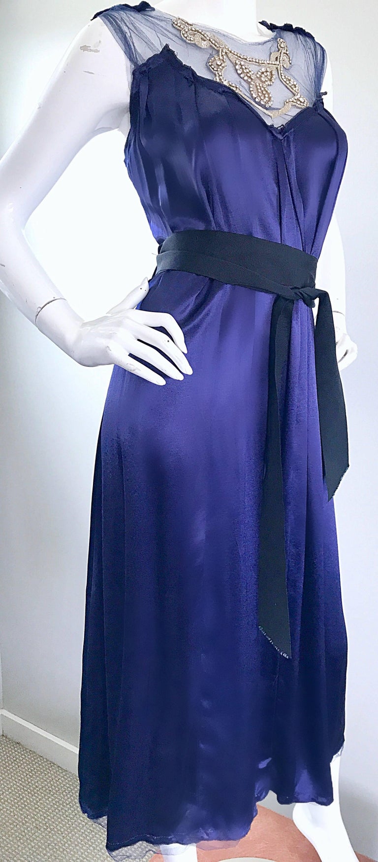 Trelise Cooper 1990s Navy Blue Liquid Silk Rhinestone Vintage 90s Midi