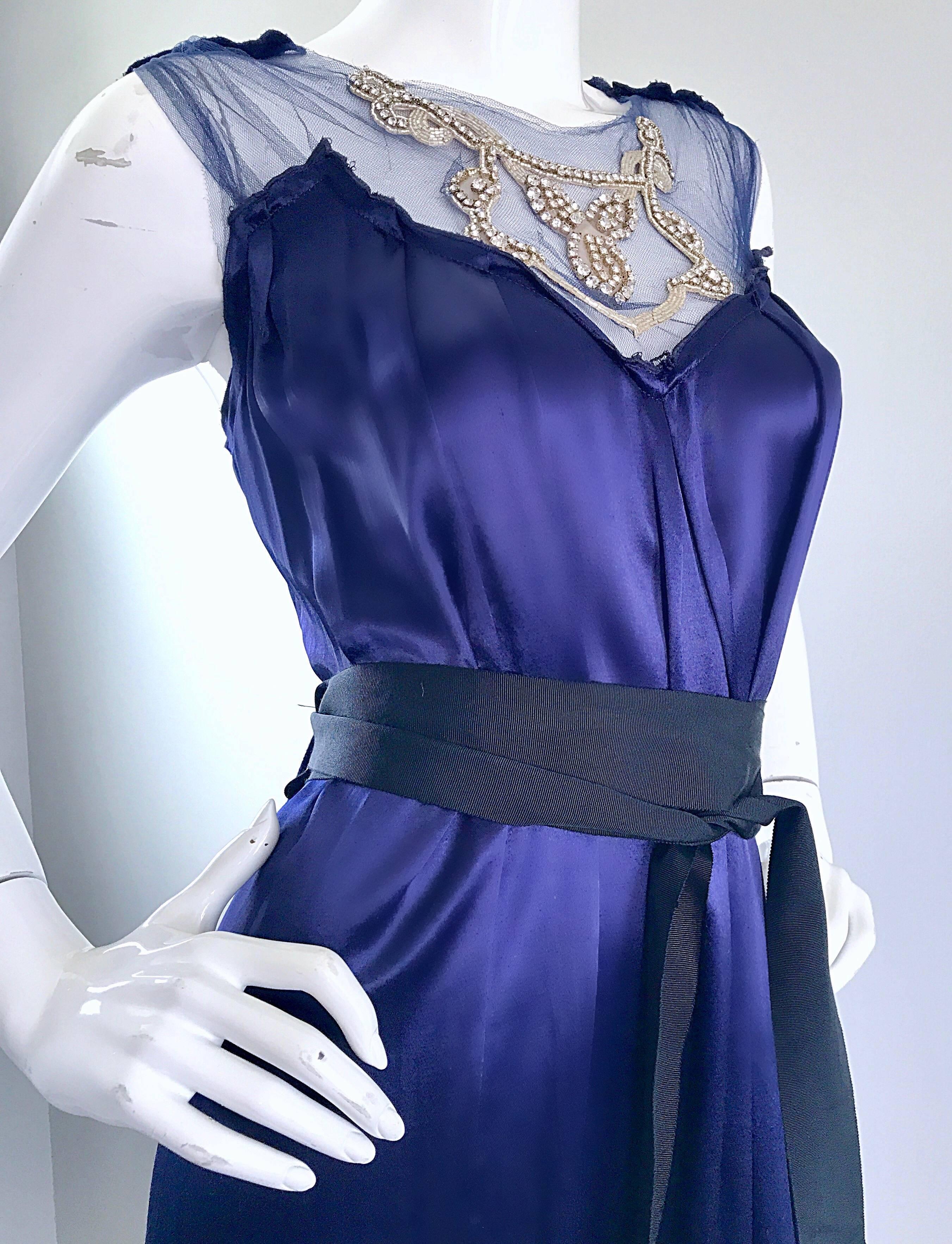 Trelise Cooper - Robe midi en soie liquide bleu marine avec strass, vintage, années 1990 en vente 3