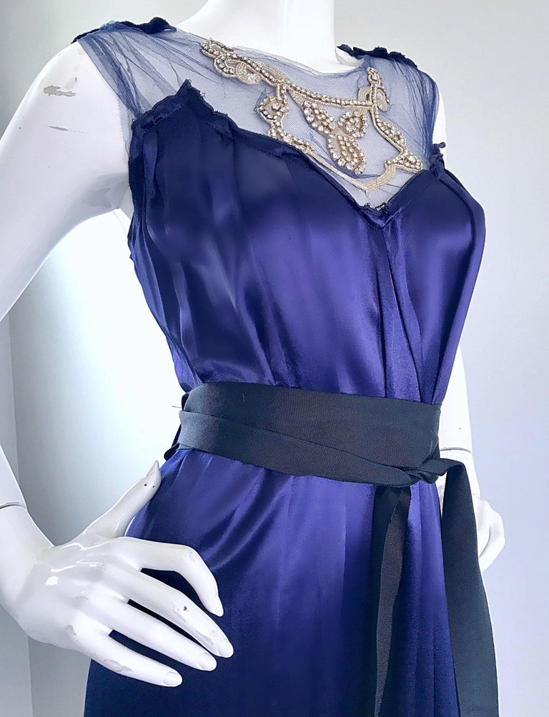 Trelise Cooper 1990s Navy Blue Liquid Silk Rhinestone Vintage 90s Midi