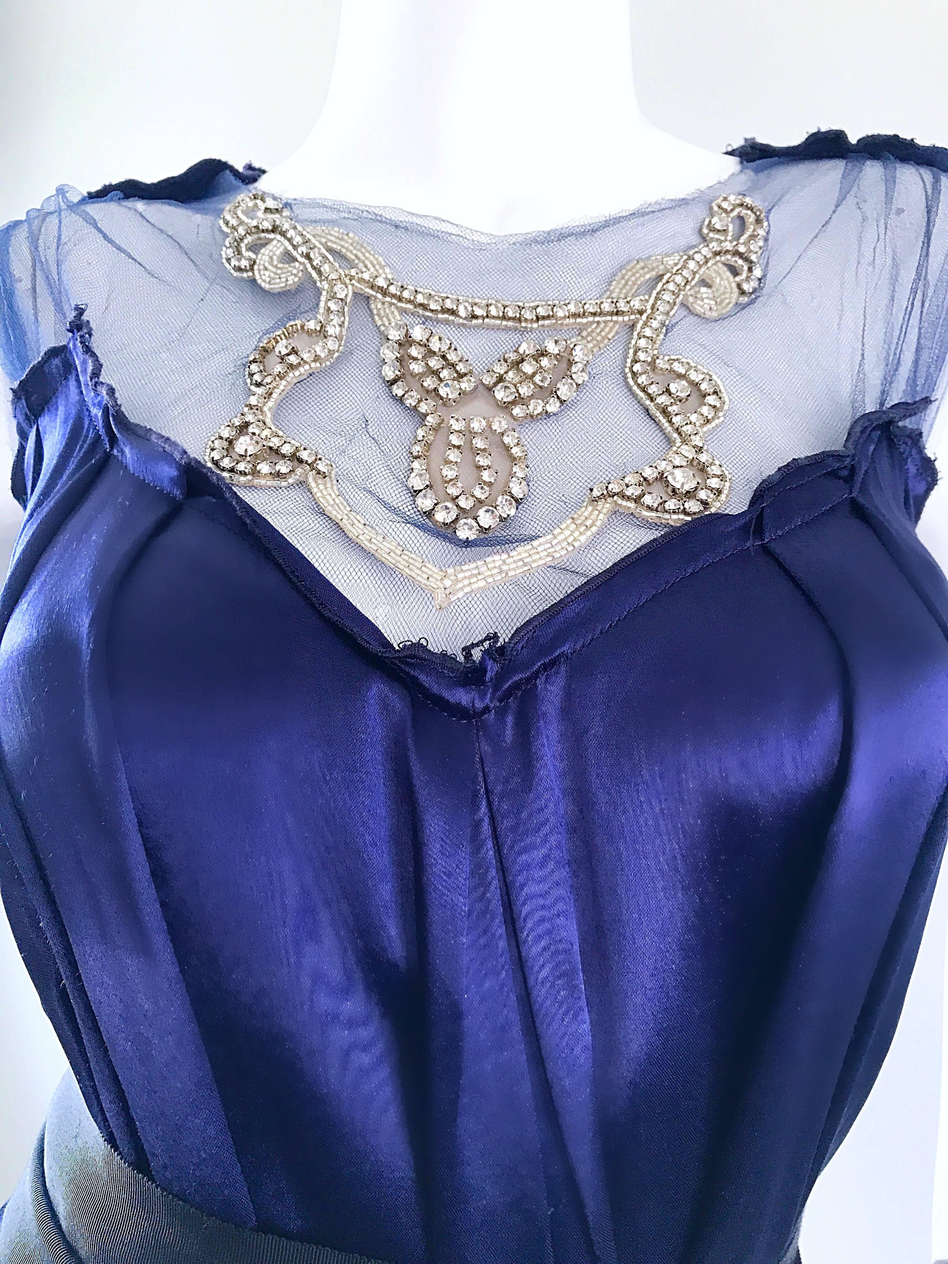 Trelise Cooper 1990s Navy Blue Liquid Silk Rhinestone Vintage 90s Midi Dress For Sale 3
