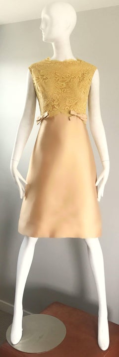 1960s Rappi Demi Couture Gold + Yellow Silk Shantung + Lace Vintage A Line Dress