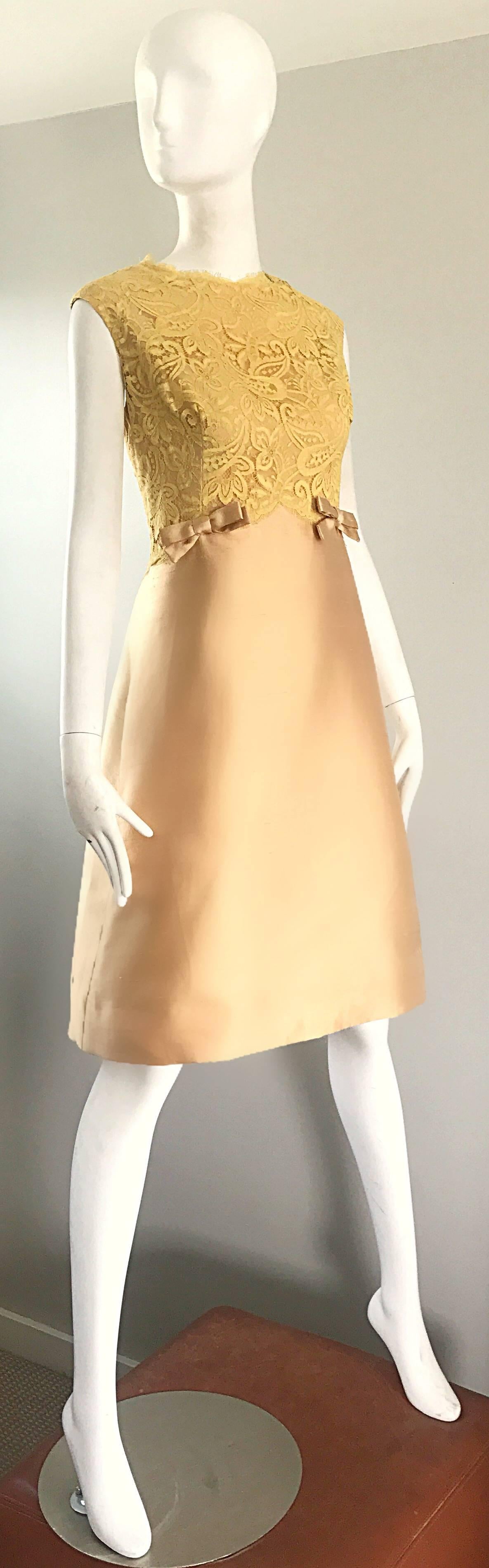 1960s Rappi Demi Couture Gold + Yellow Silk Shantung + Lace Vintage A Line Dress In Excellent Condition In San Diego, CA