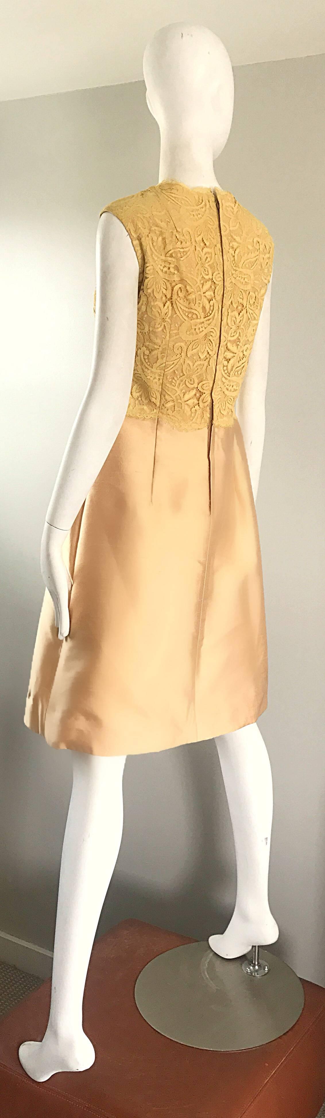 Women's 1960s Rappi Demi Couture Gold + Yellow Silk Shantung + Lace Vintage A Line Dress