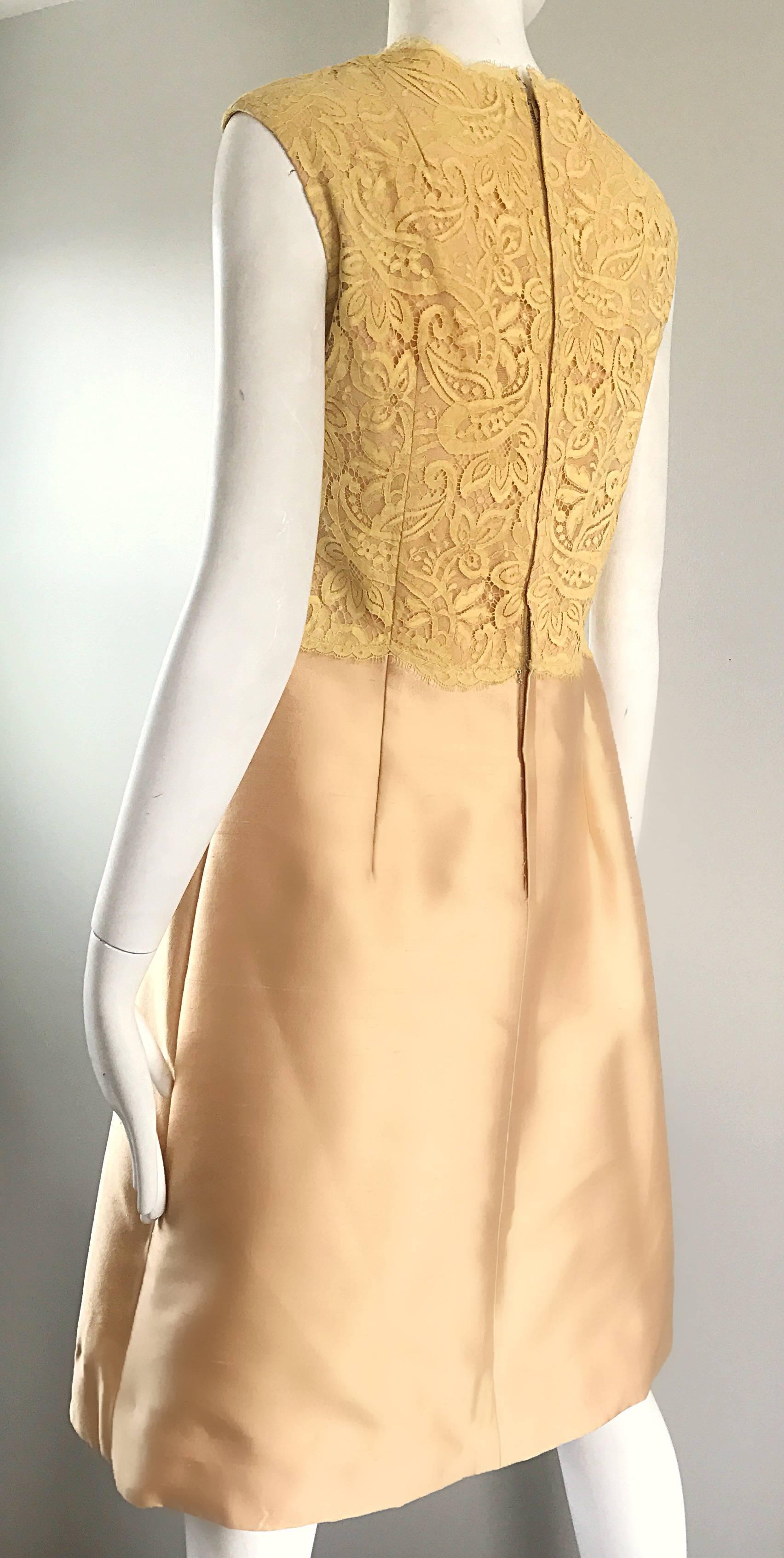 1960s Rappi Demi Couture Gold + Yellow Silk Shantung + Lace Vintage A Line Dress 1