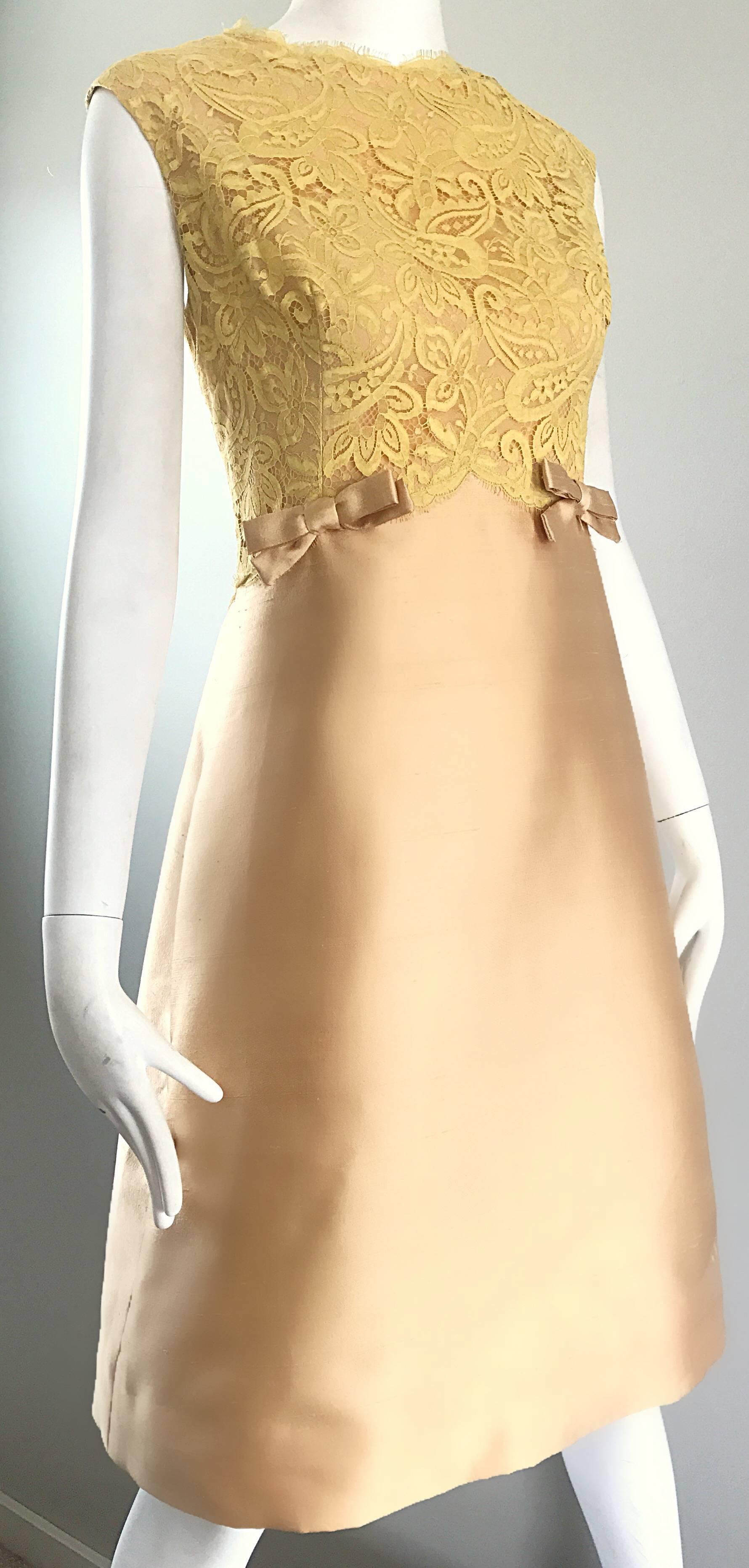 1960s Rappi Demi Couture Gold + Yellow Silk Shantung + Lace Vintage A Line Dress 2