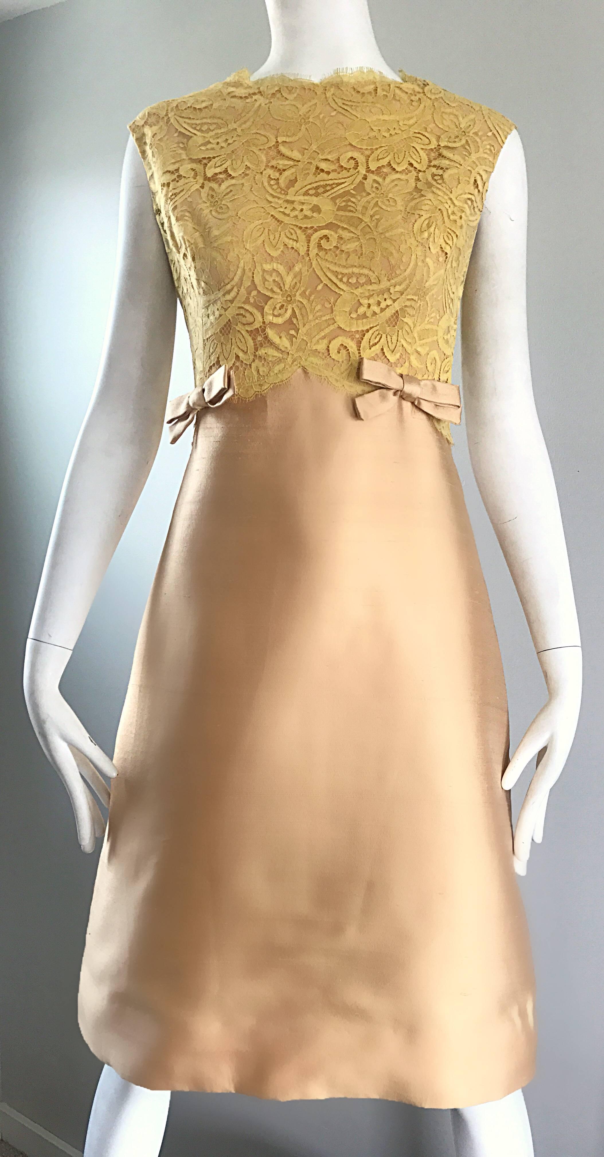 1960s Rappi Demi Couture Gold + Yellow Silk Shantung + Lace Vintage A Line Dress 3
