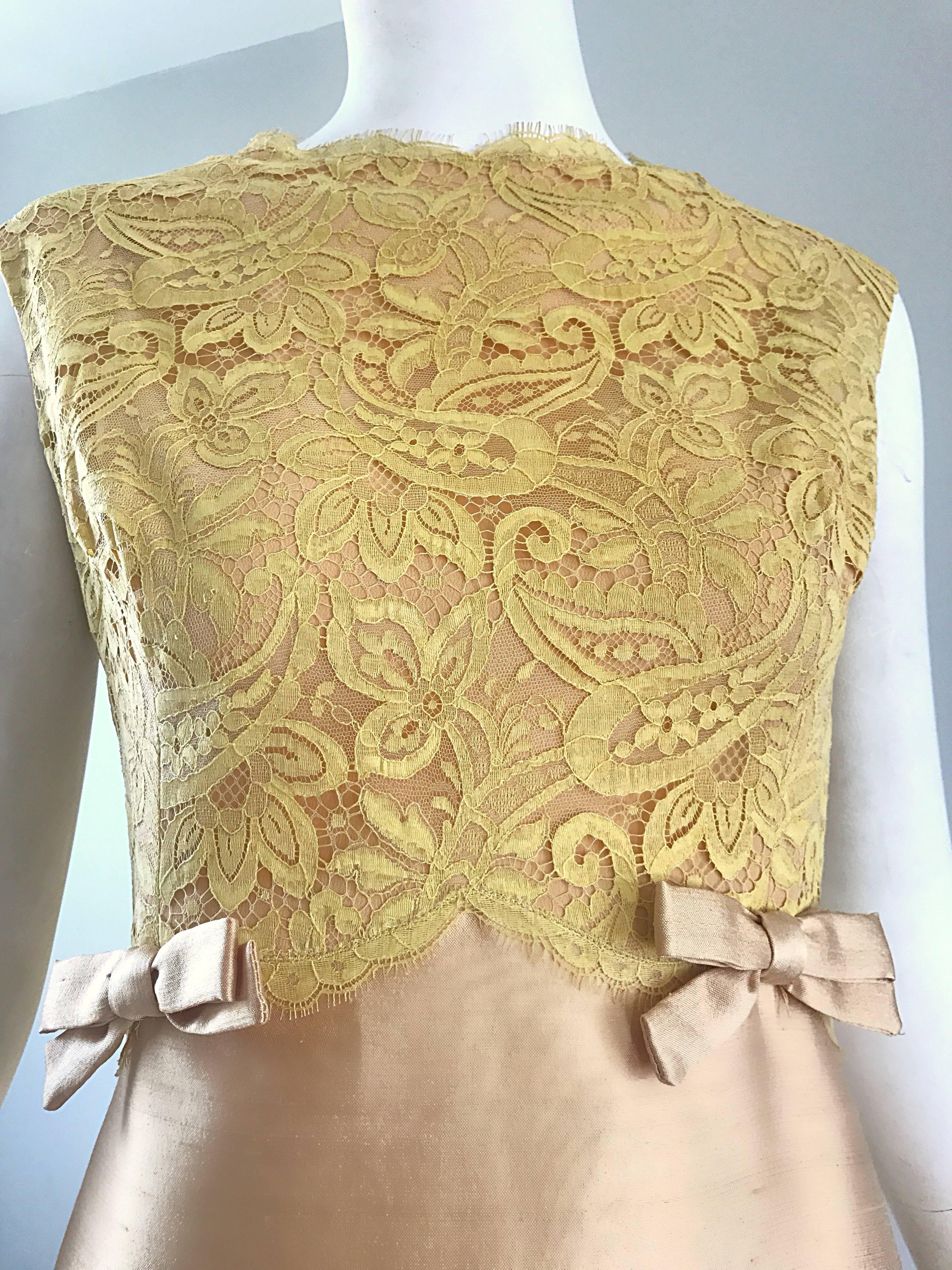 1960s Rappi Demi Couture Gold + Yellow Silk Shantung + Lace Vintage A Line Dress 5