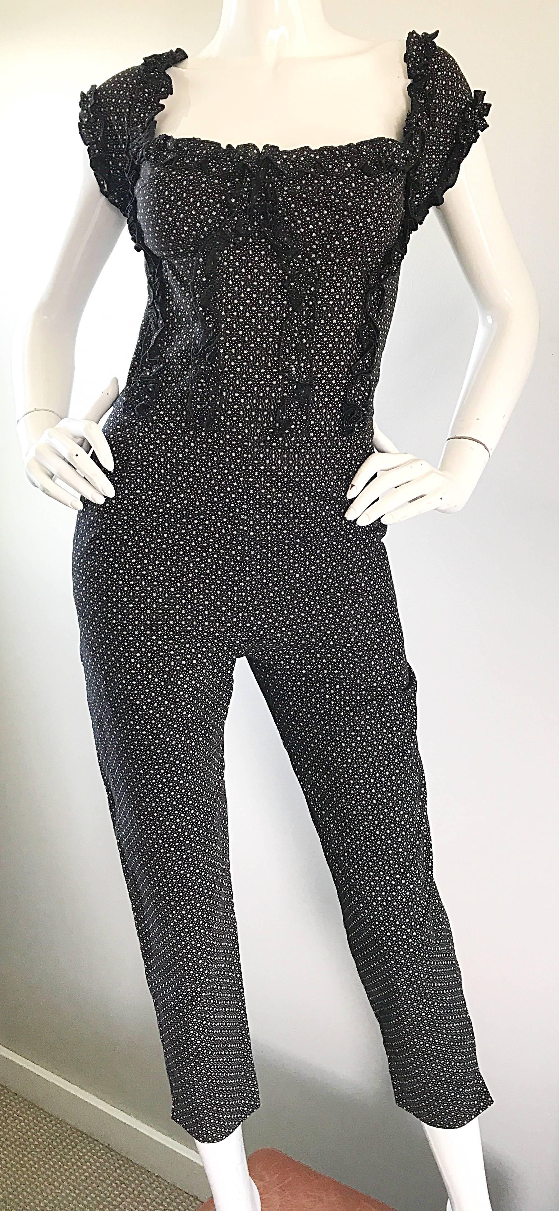 Brioni 1990s Black and White Flower Print Vintage 90s Cropped Corset Jumpsuit  In Excellent Condition For Sale In San Diego, CA