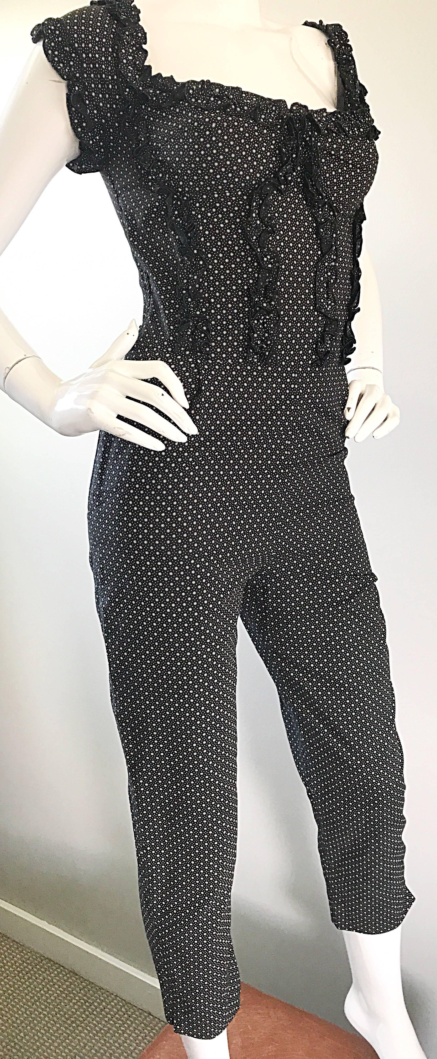 Women's Brioni 1990s Black and White Flower Print Vintage 90s Cropped Corset Jumpsuit  For Sale