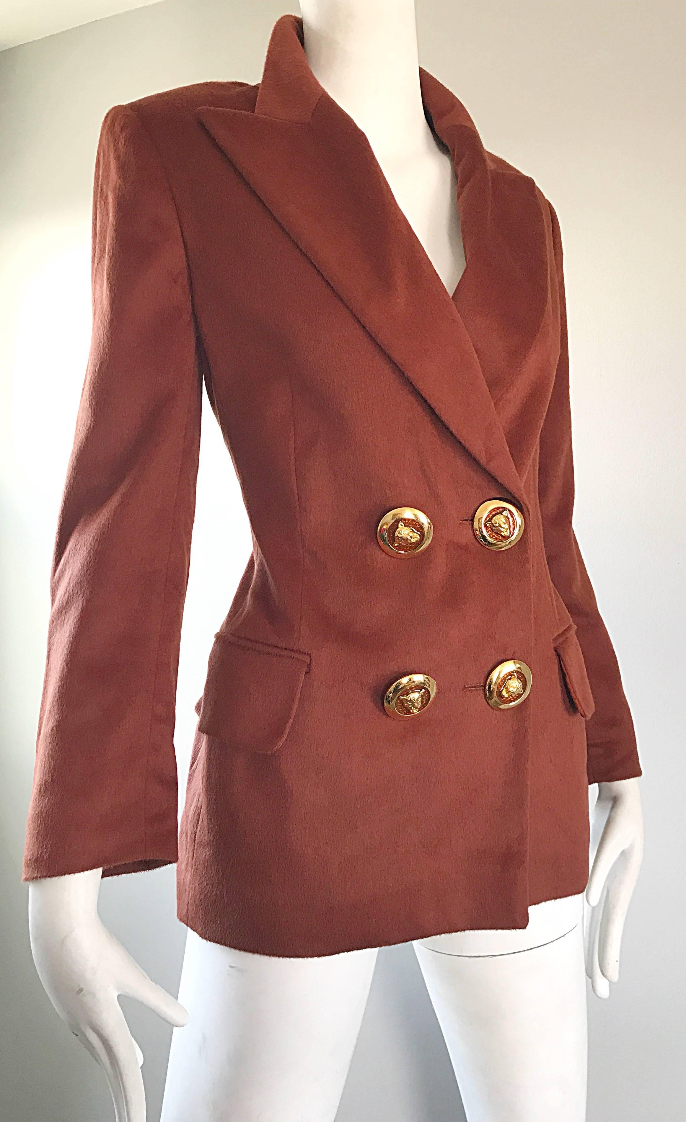 Women's Vintage Escada by Margaretha Ley Rust Brown Angoral Wool Double Breasted Blazer