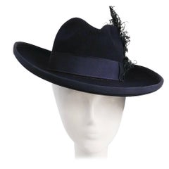 Navy Blue Women's Fedora w/ Curled Feather