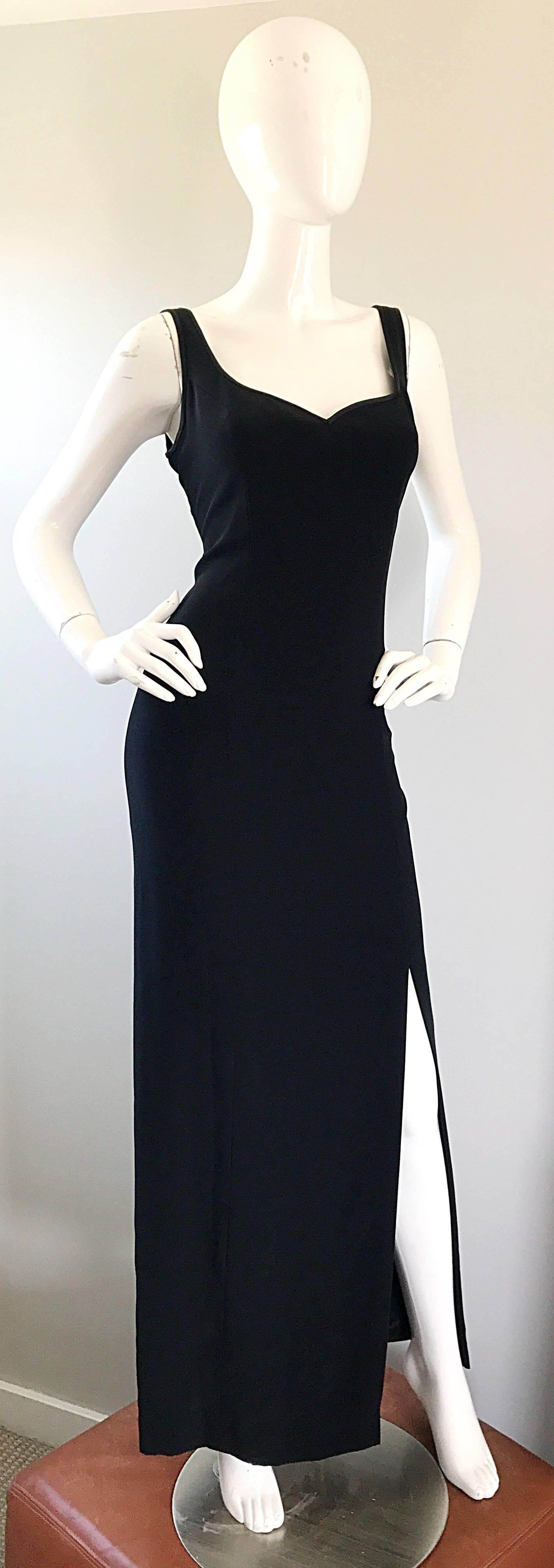 Women's 1990s Bob Mackie Size 10 Black Crepe Sexy 90s Vintage High Slit Evening Gown  For Sale
