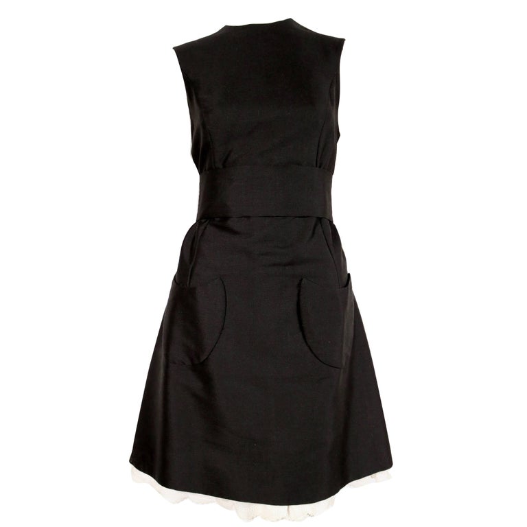 Antonio del Castillo black wool dress with patch pockets and lace trim ...