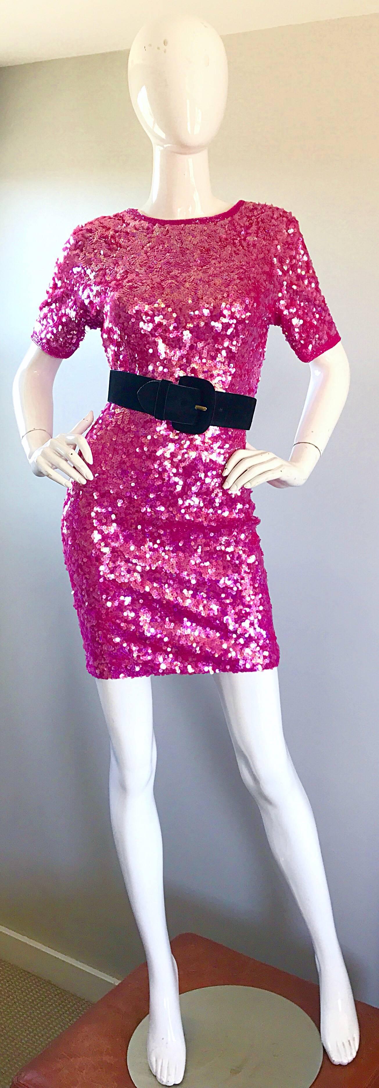 Incredible Vintage Lillie Rubin 1990s Hot Pink Fully Sequined 90s Mini Dress In Excellent Condition For Sale In San Diego, CA
