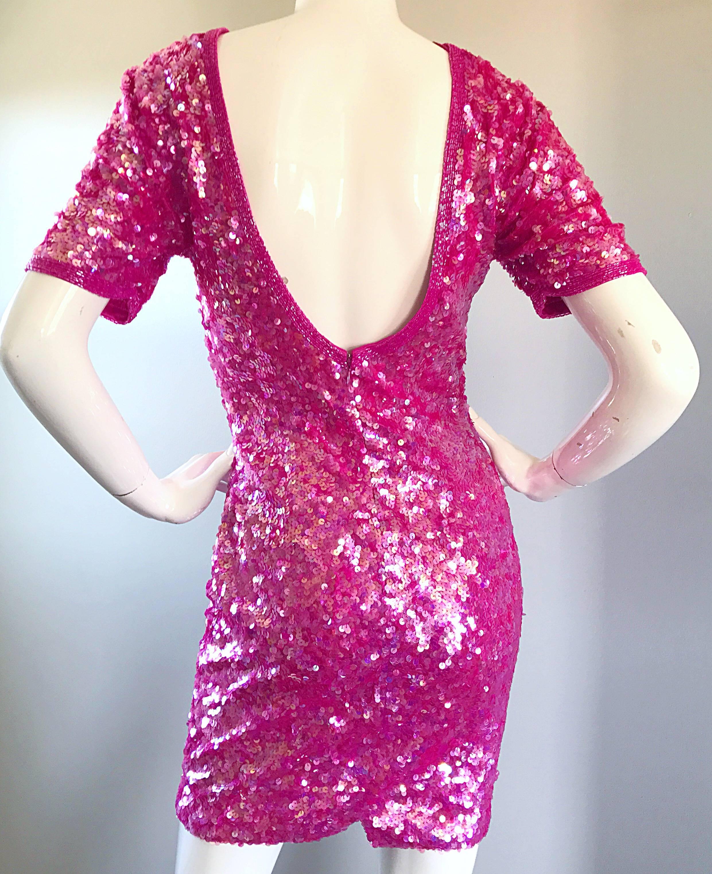 Incredible Vintage Lillie Rubin 1990s Hot Pink Fully Sequined 90s Mini Dress For Sale 1