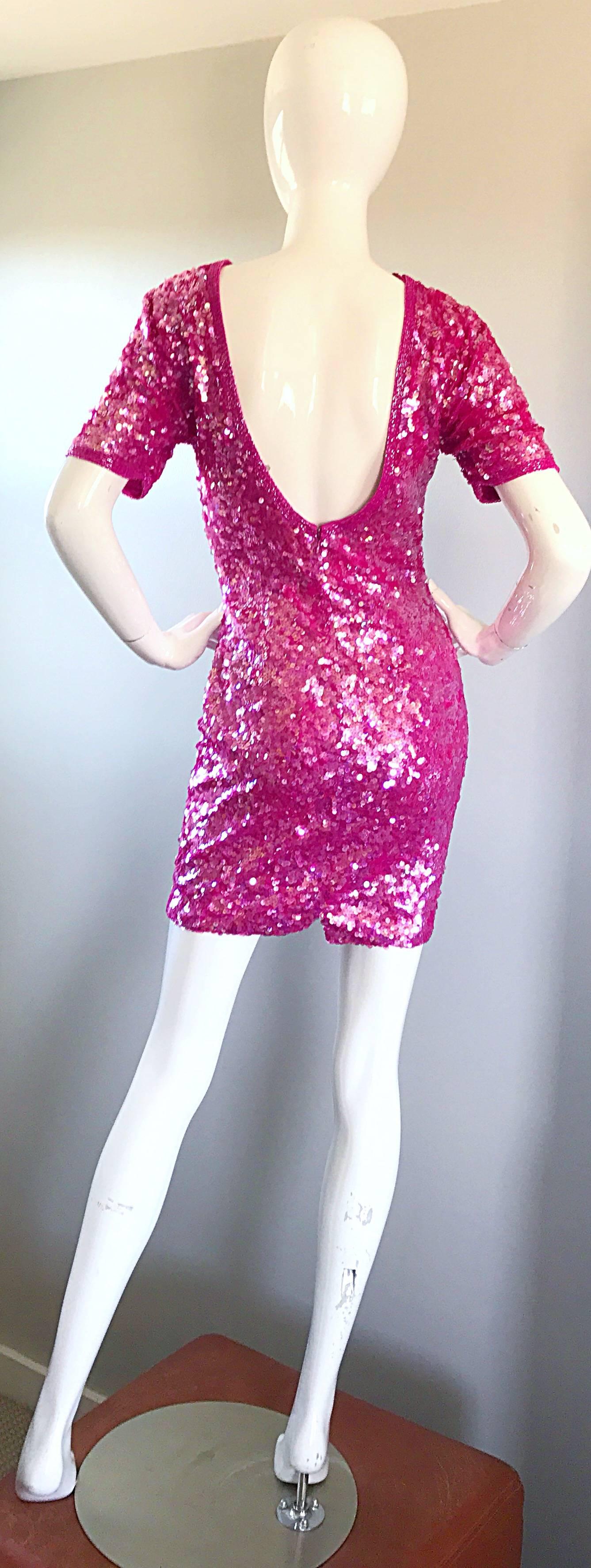 Incredible Vintage Lillie Rubin 1990s Hot Pink Fully Sequined 90s Mini Dress For Sale 2