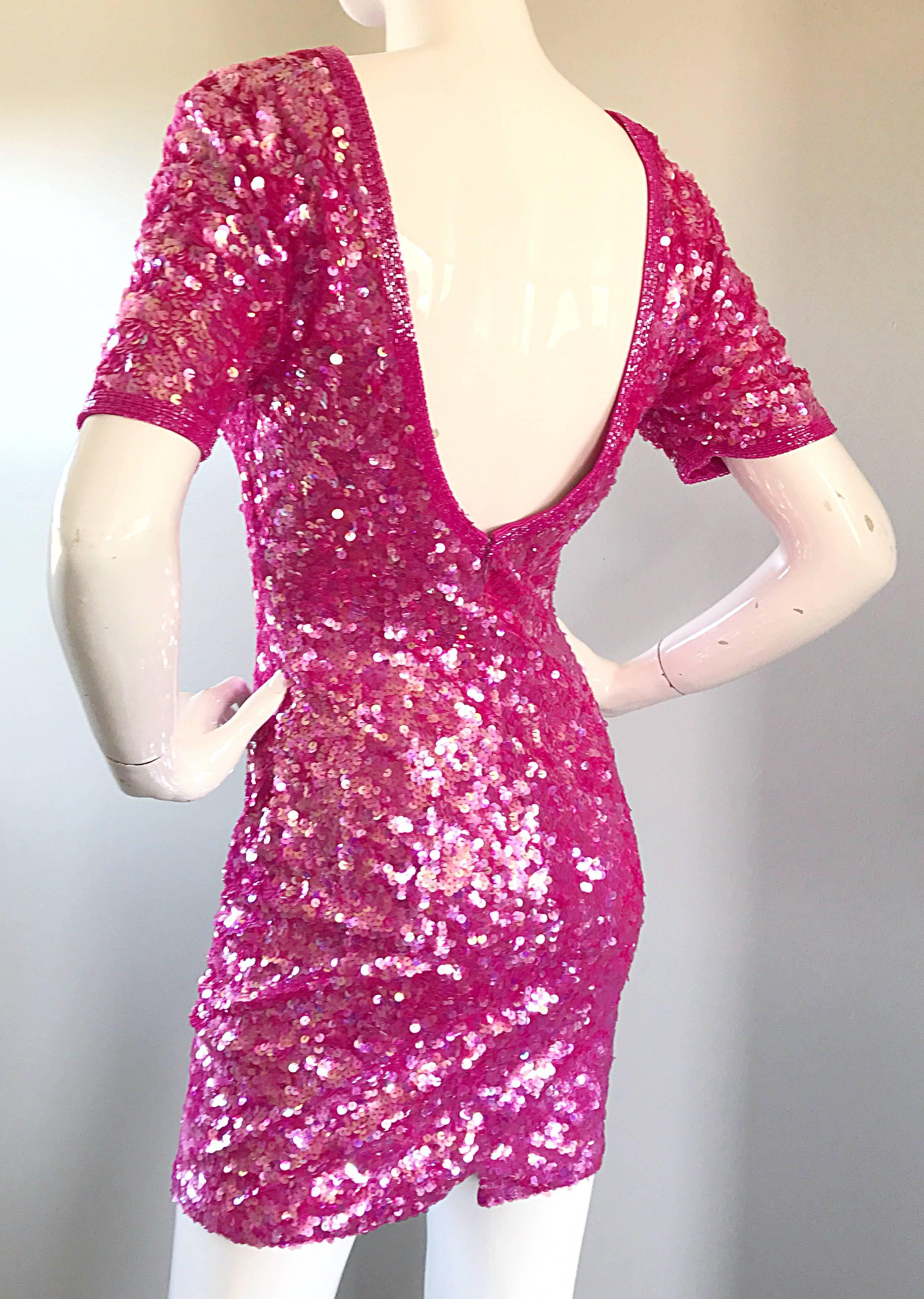 Incredible Vintage Lillie Rubin 1990s Hot Pink Fully Sequined 90s Mini Dress For Sale 3