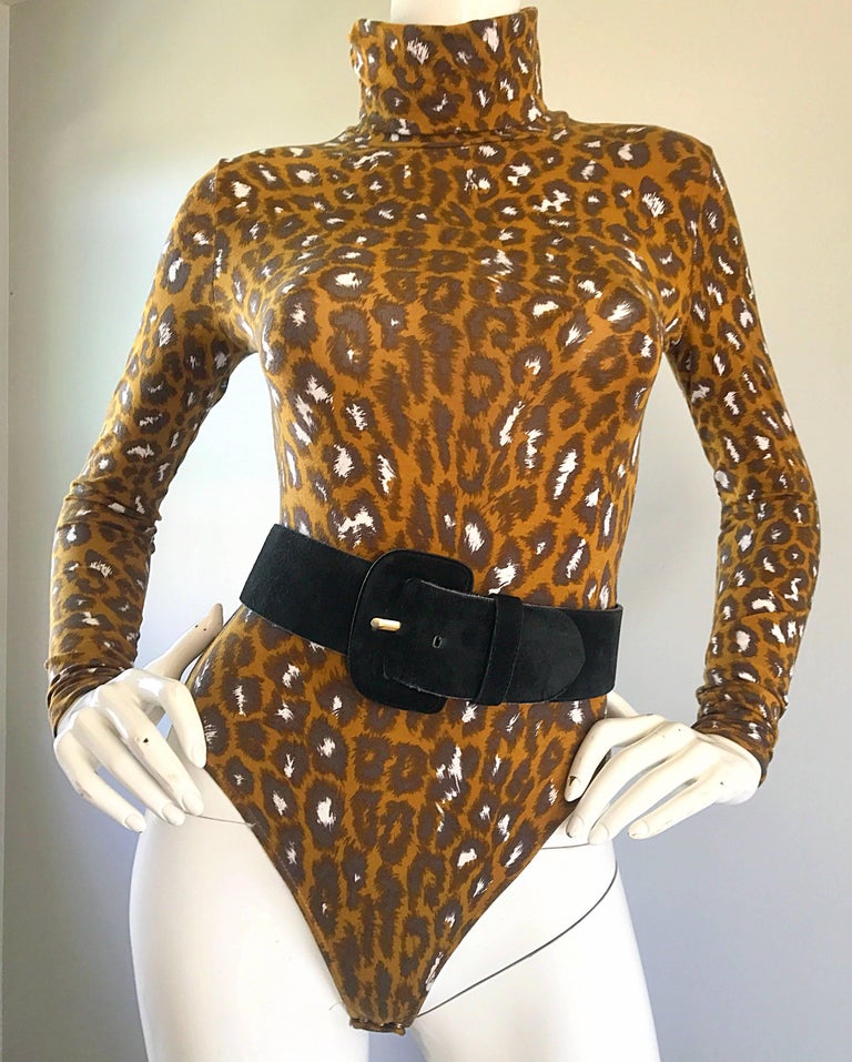 1990s Gianni Versace Leopard Print 90s Vintage Turtleneck Bodysuit