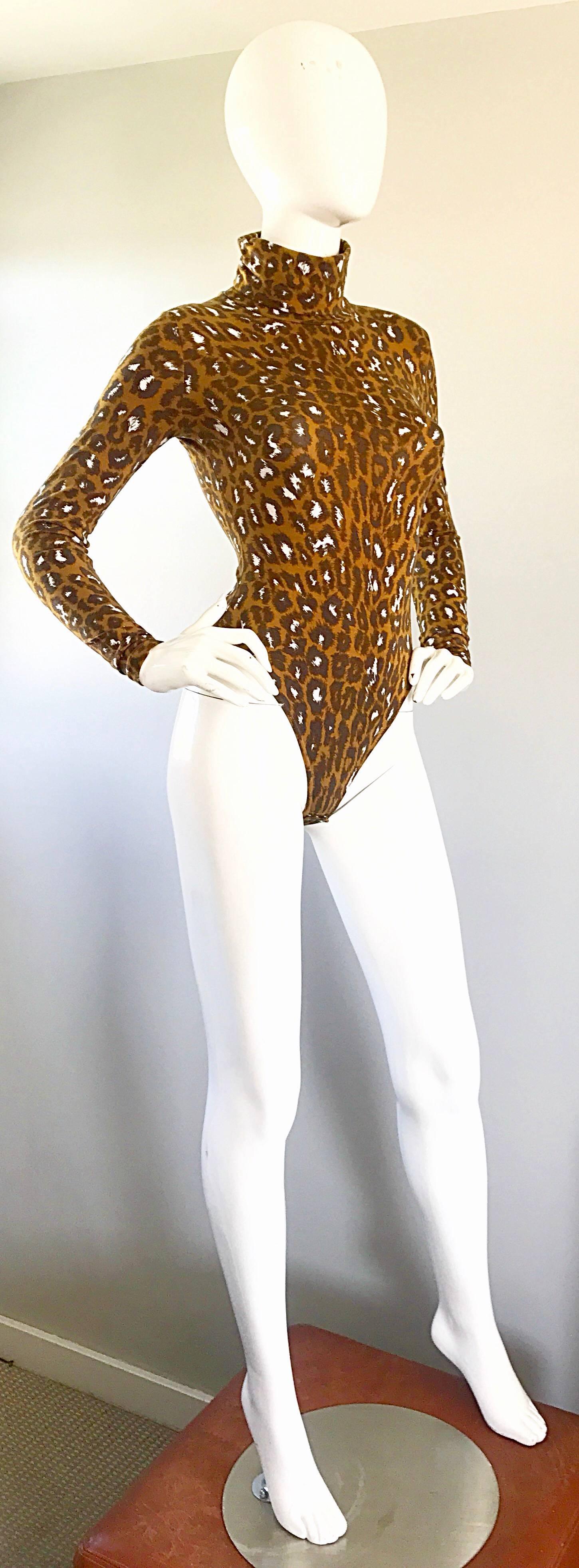 Brown 1990s Gianni Versace Leopard Print 90s Vintage Turtleneck Bodysuit Unitard 