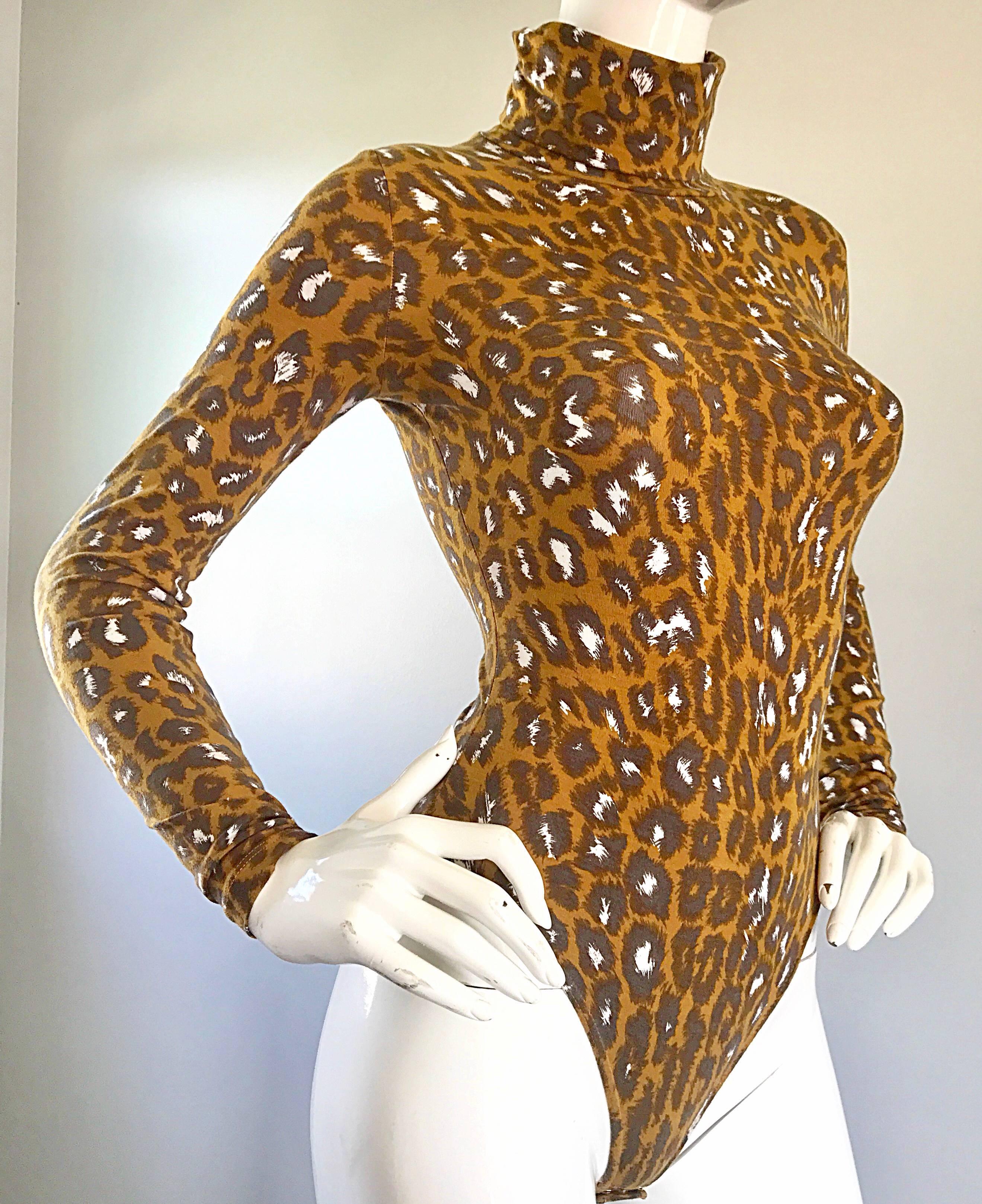 1990s Gianni Versace Leopard Print 90s Vintage Turtleneck Bodysuit Unitard  In Excellent Condition In San Diego, CA