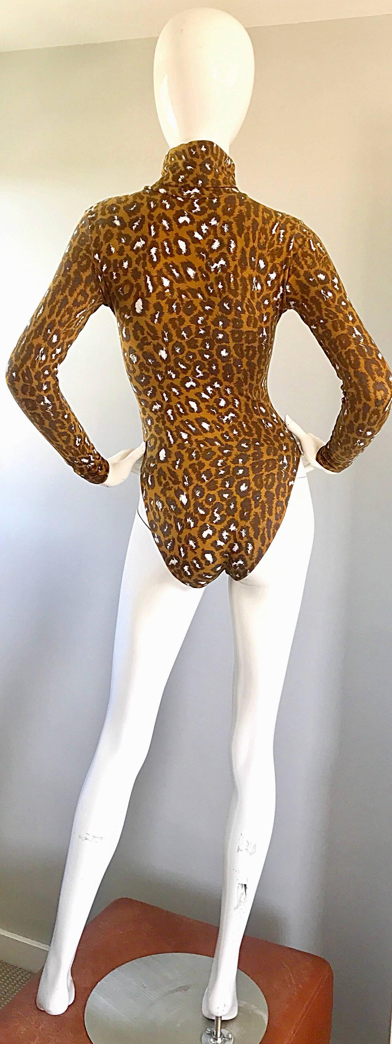 Women's 1990s Gianni Versace Leopard Print 90s Vintage Turtleneck Bodysuit Unitard 