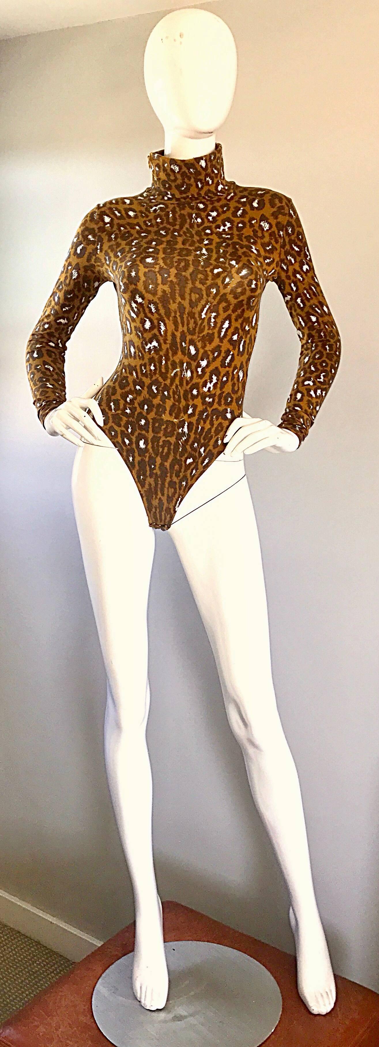 1990s Gianni Versace Leopard Print 90s Vintage Turtleneck Bodysuit Unitard  2